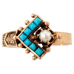 Charming Antique Turquoise Pearl Rose Gold Ring