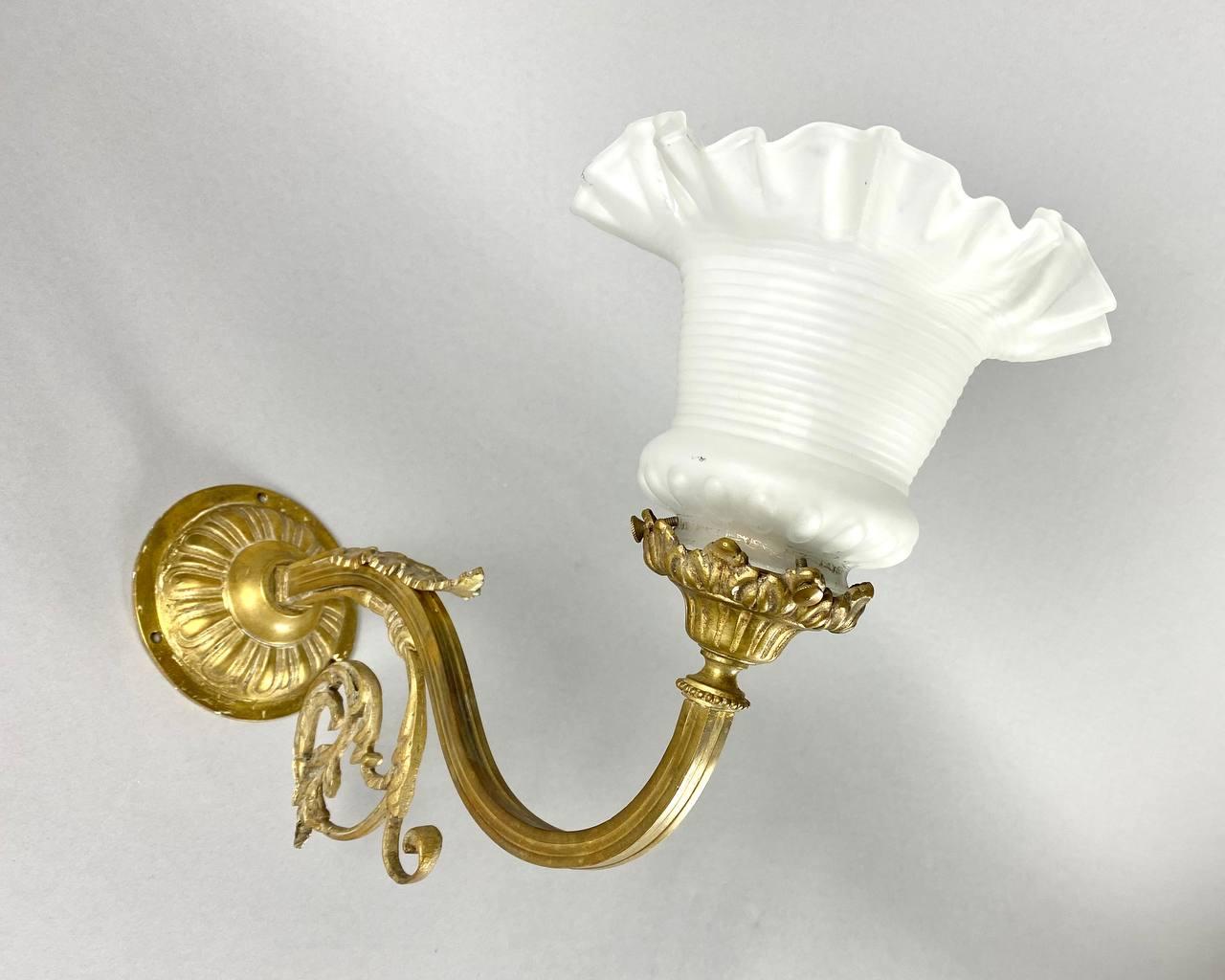 Charming Antique Wall Sconce Wall Sconce in Bronze, with Glass Shade, 1920 For Sale 3