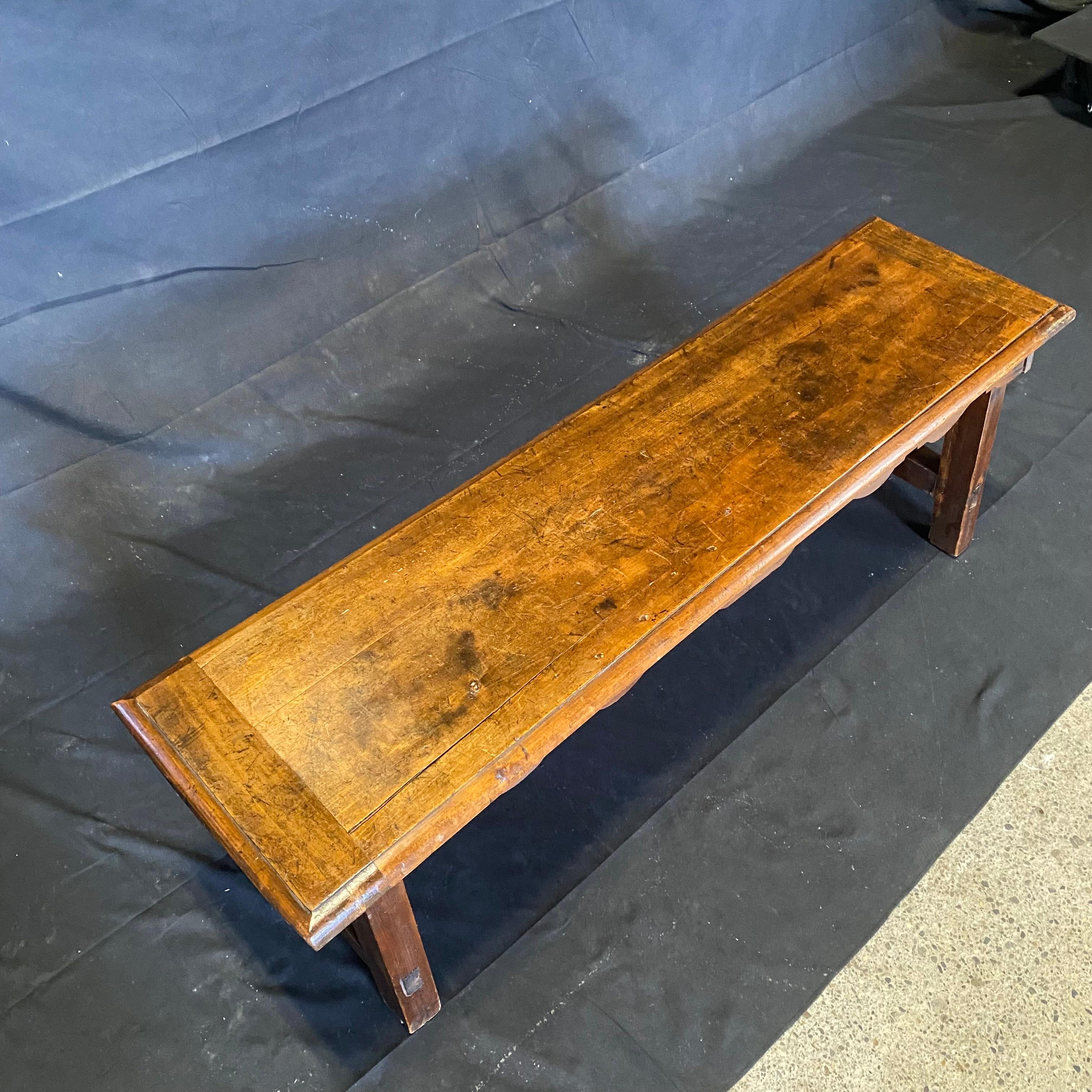 Country Charming Antique Walnut Bench with Carved Apron 