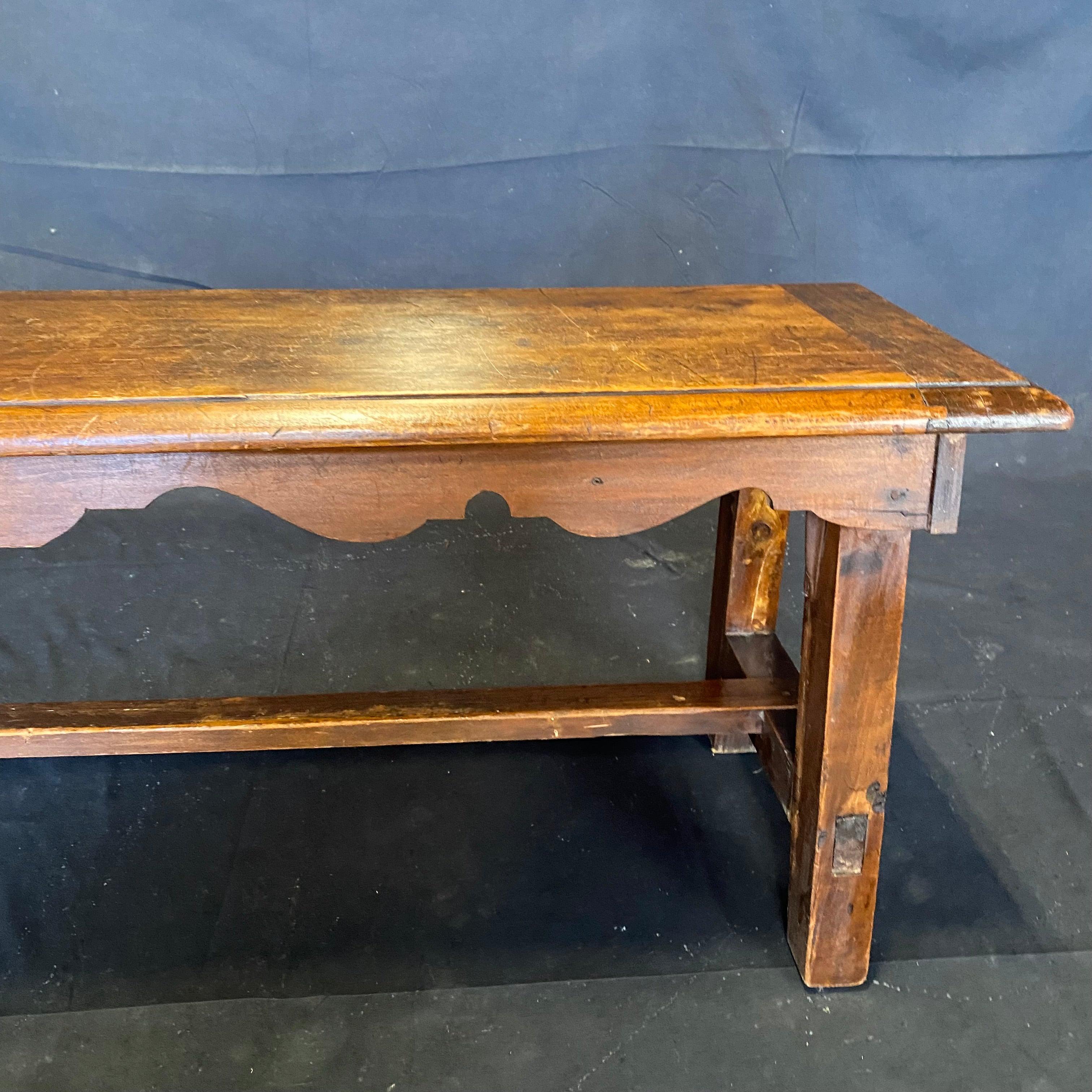Early 20th Century Charming Antique Walnut Bench with Carved Apron 