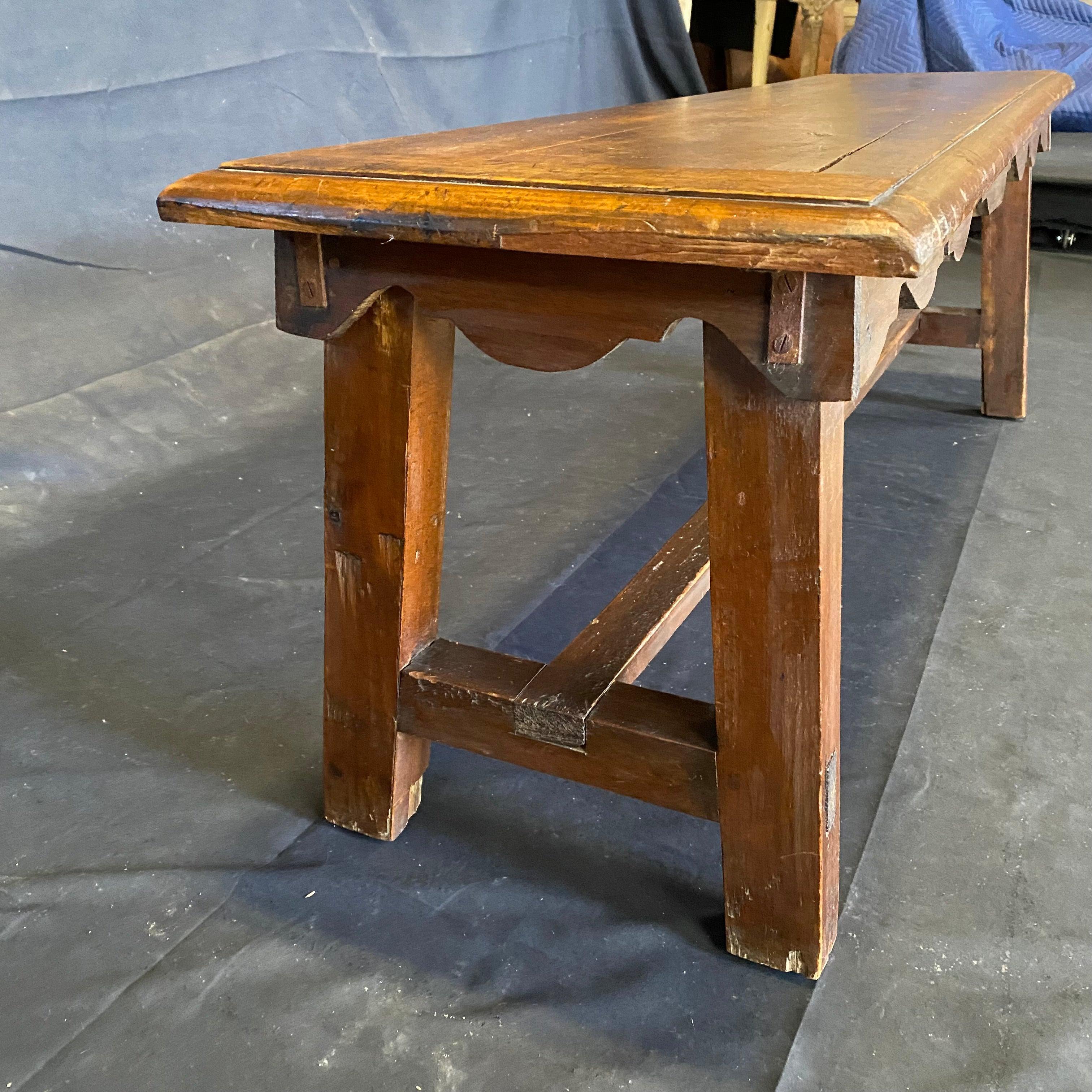 Charming Antique Walnut Bench with Carved Apron  1