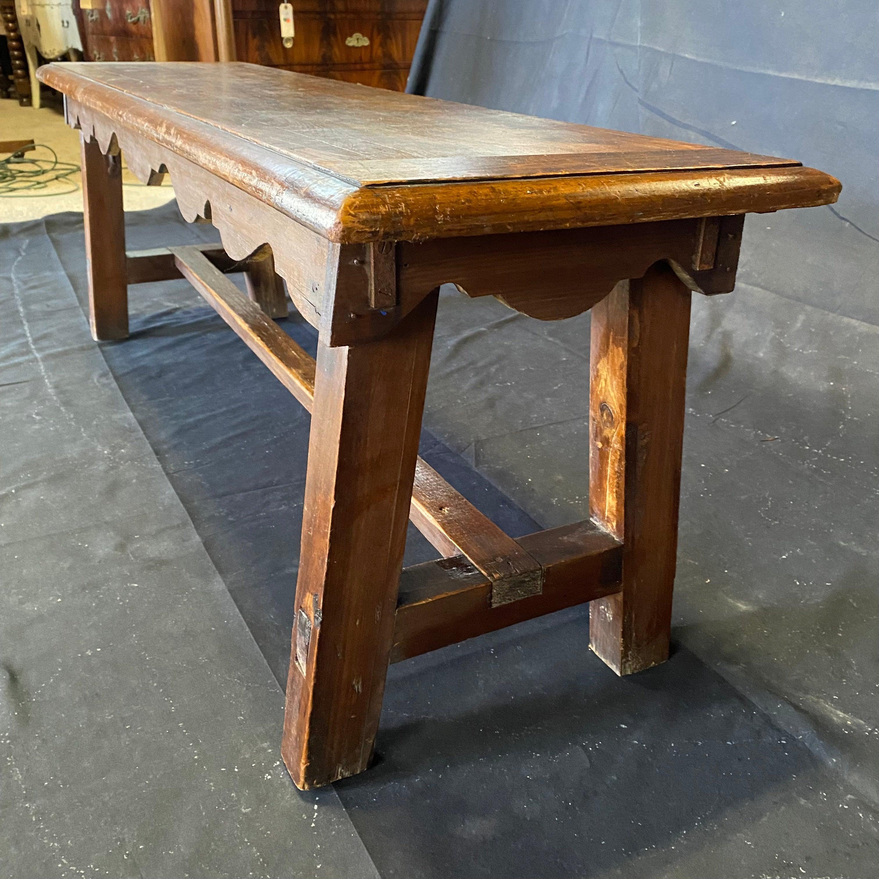 Charming Antique Walnut Bench with Carved Apron  2