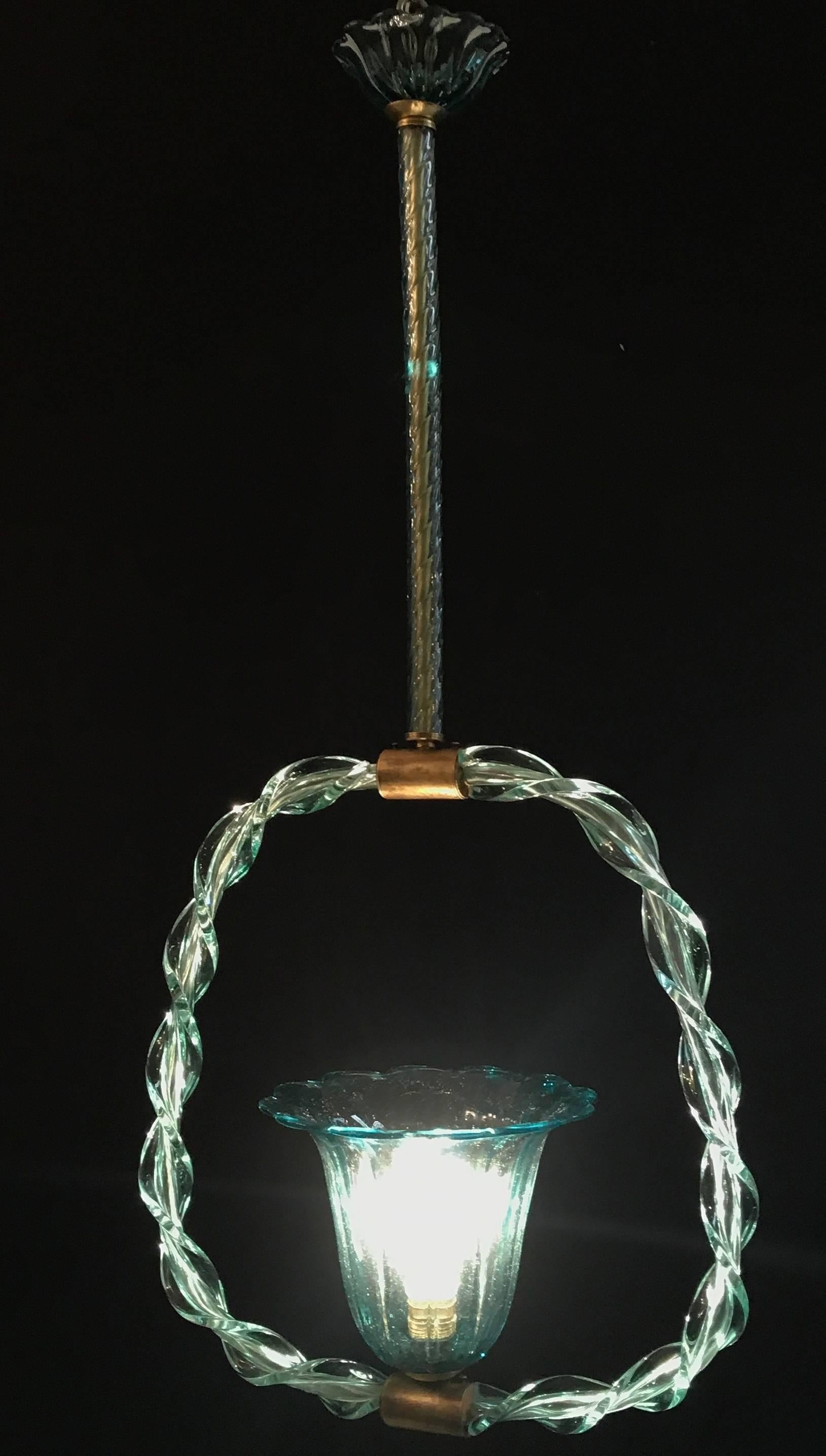 Rare beauty 'Aquamarine' colored glass chandelier by Ercole Barovier, 1940s. 
Brass with original patina.
 Single light socket E27. We can wire for US standards.