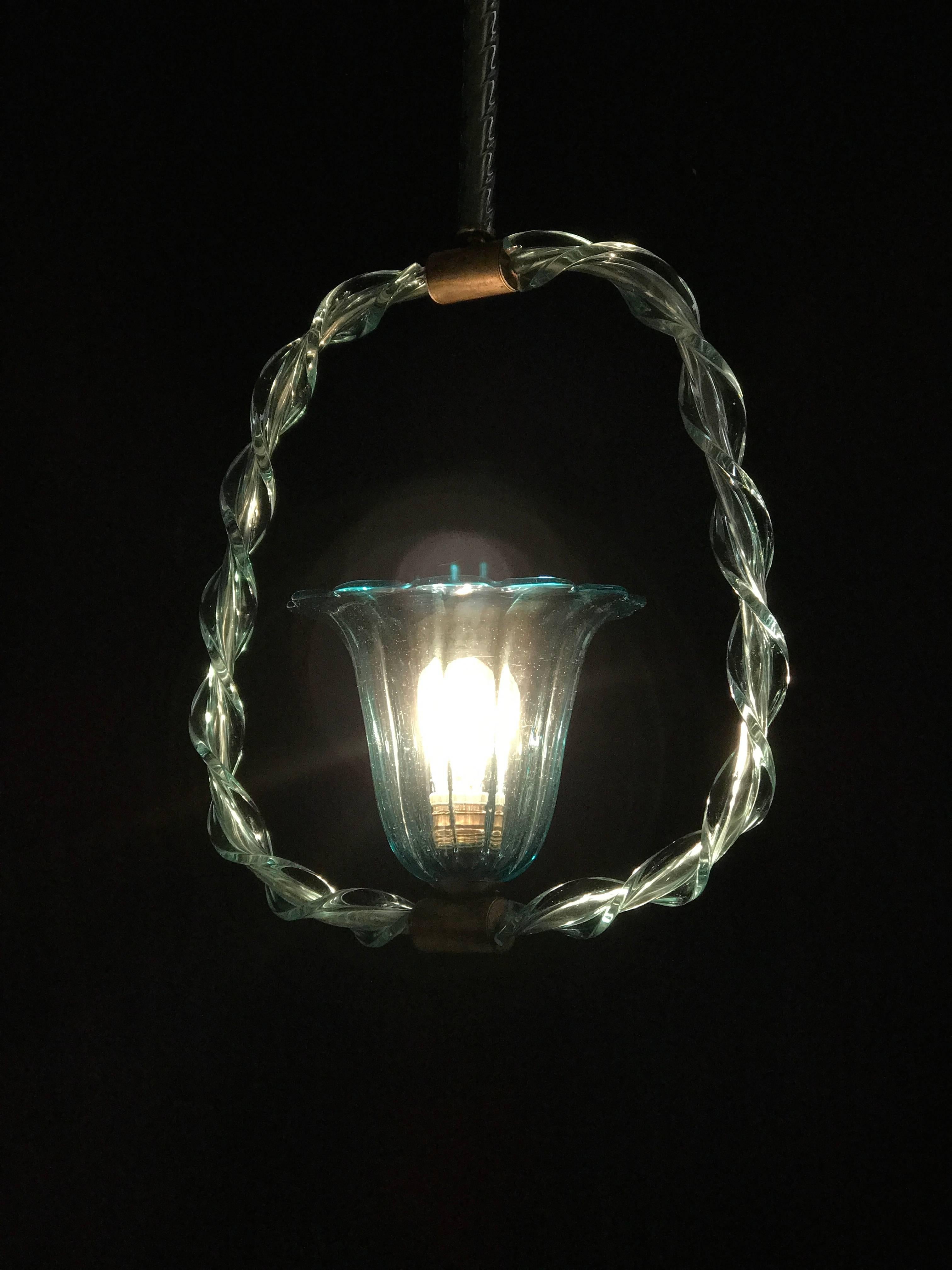 Charming 'Aquamarine' Murano Glass Lantern by Ercole Barovier, 1940s In Good Condition In Rome, IT