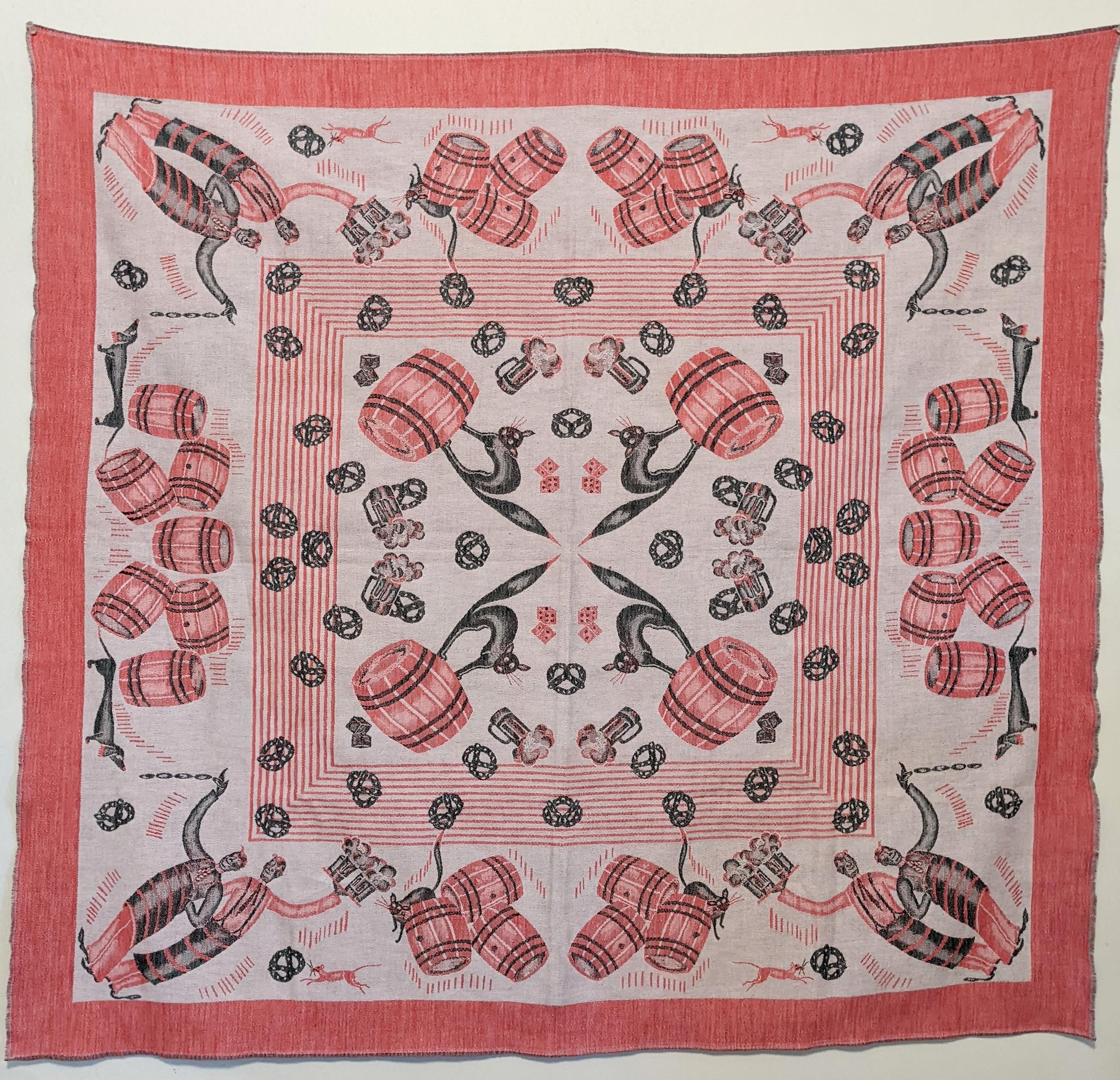 Charming and unusual square figural cotton jacquard cloth from the 1930's depicting barrels of liquor, bartenders, beer mugs, cats, mice and general Prohibition style Bar shenanigans. Would work beautifully as a framed Folk Art.
Color is vibrant