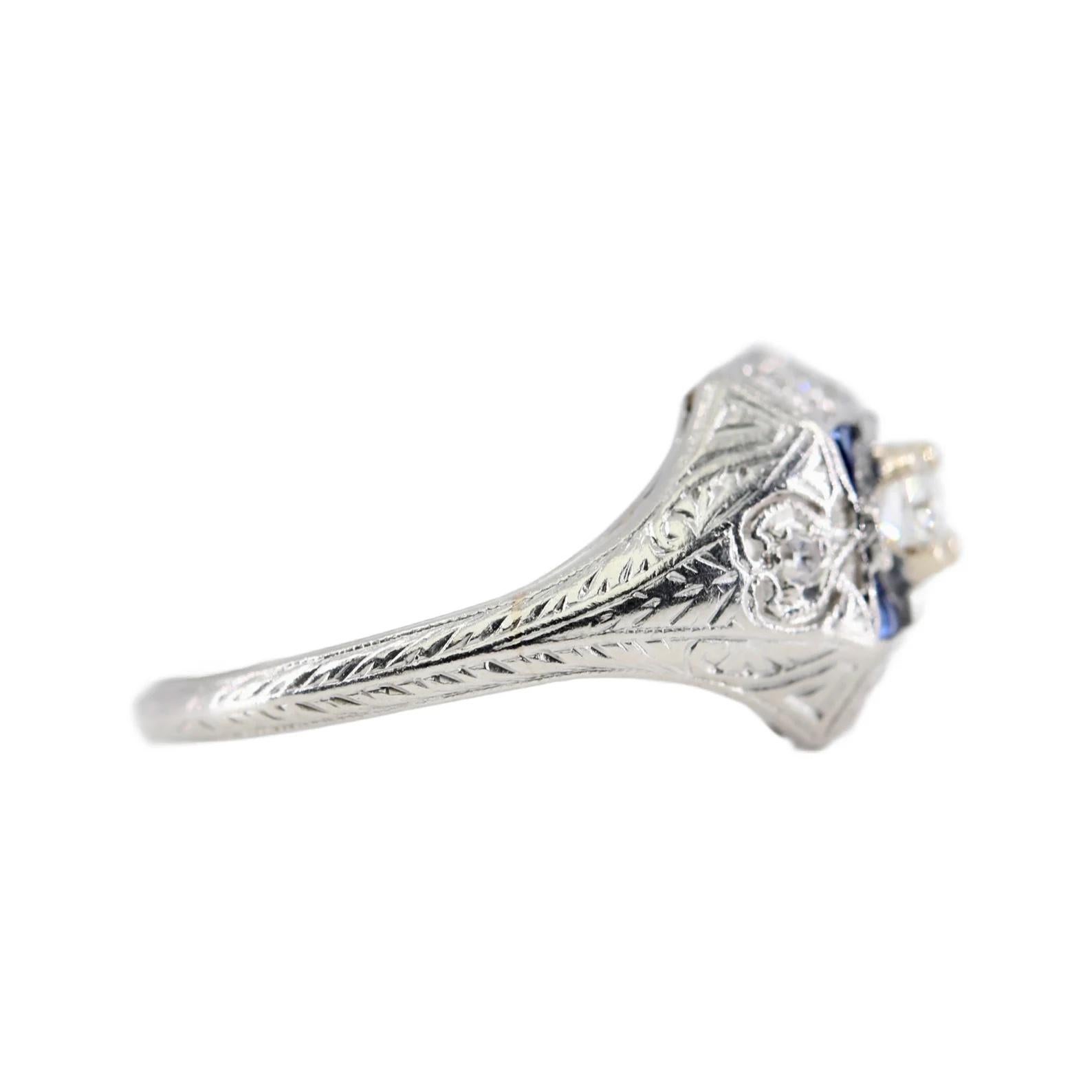 Round Cut Charming Art Deco Diamond, & Sapphire Engagement Ring in Platinum Circa 1920's For Sale