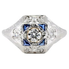 Antique Charming Art Deco Diamond, & Sapphire Engagement Ring in Platinum Circa 1920's
