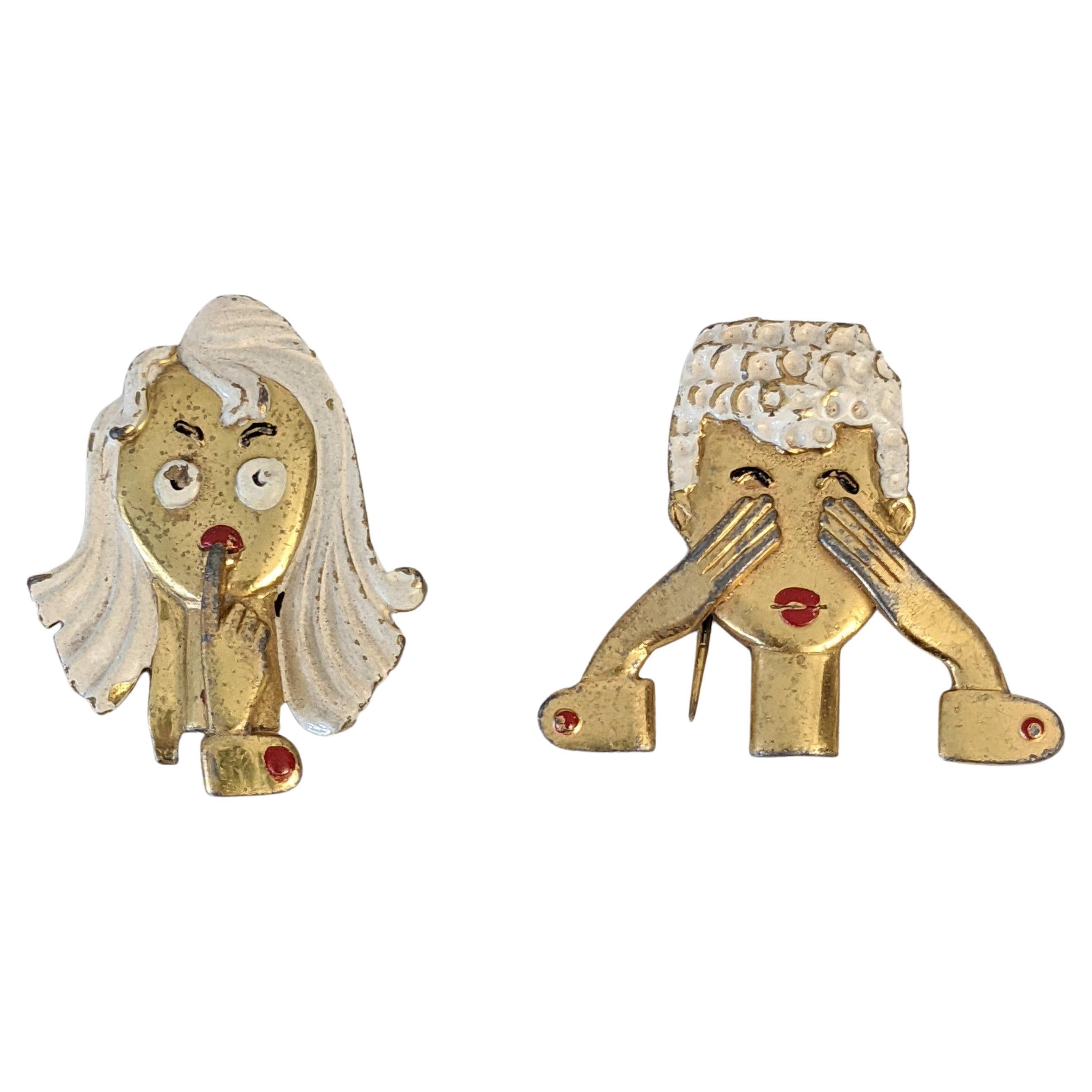 Charming Art Deco Figural Clip Brooches For Sale