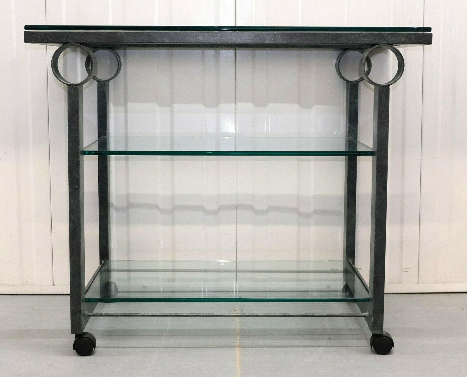 Hand-Crafted Charming Art Deco Glass Drinks Trolley with Glass Shelves Very Good Condition For Sale