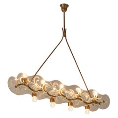 Charming Art Deco Italian Chandelier in Brass and Etched Glass Panels