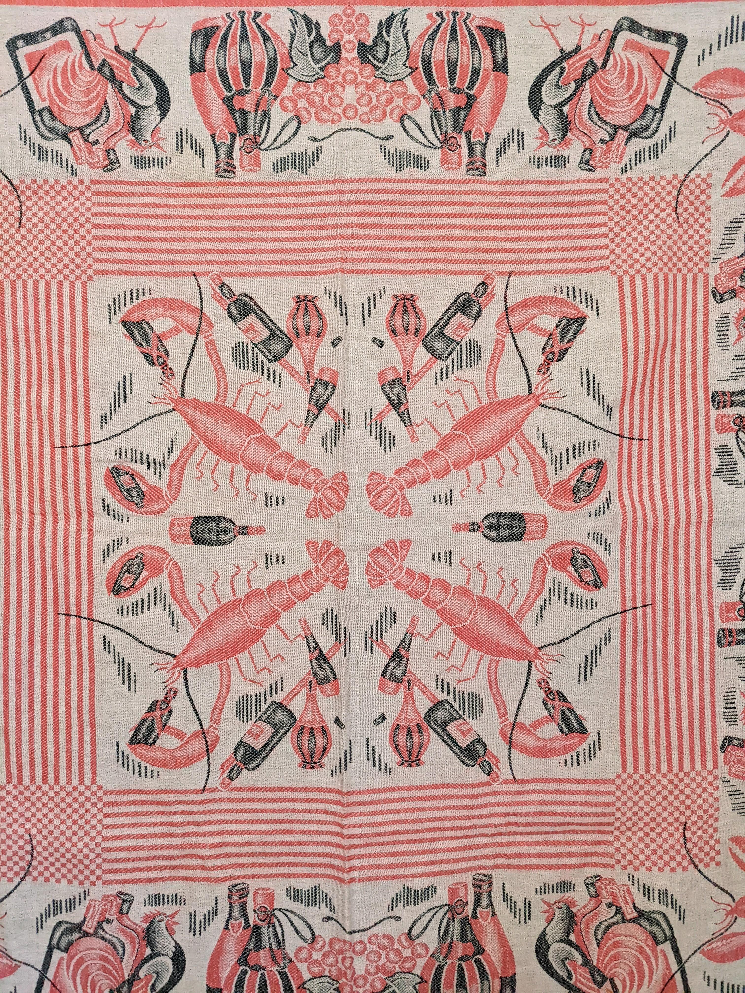 American Charming Art Deco Lobsters Jacquard Cloth, Prohibition Era For Sale