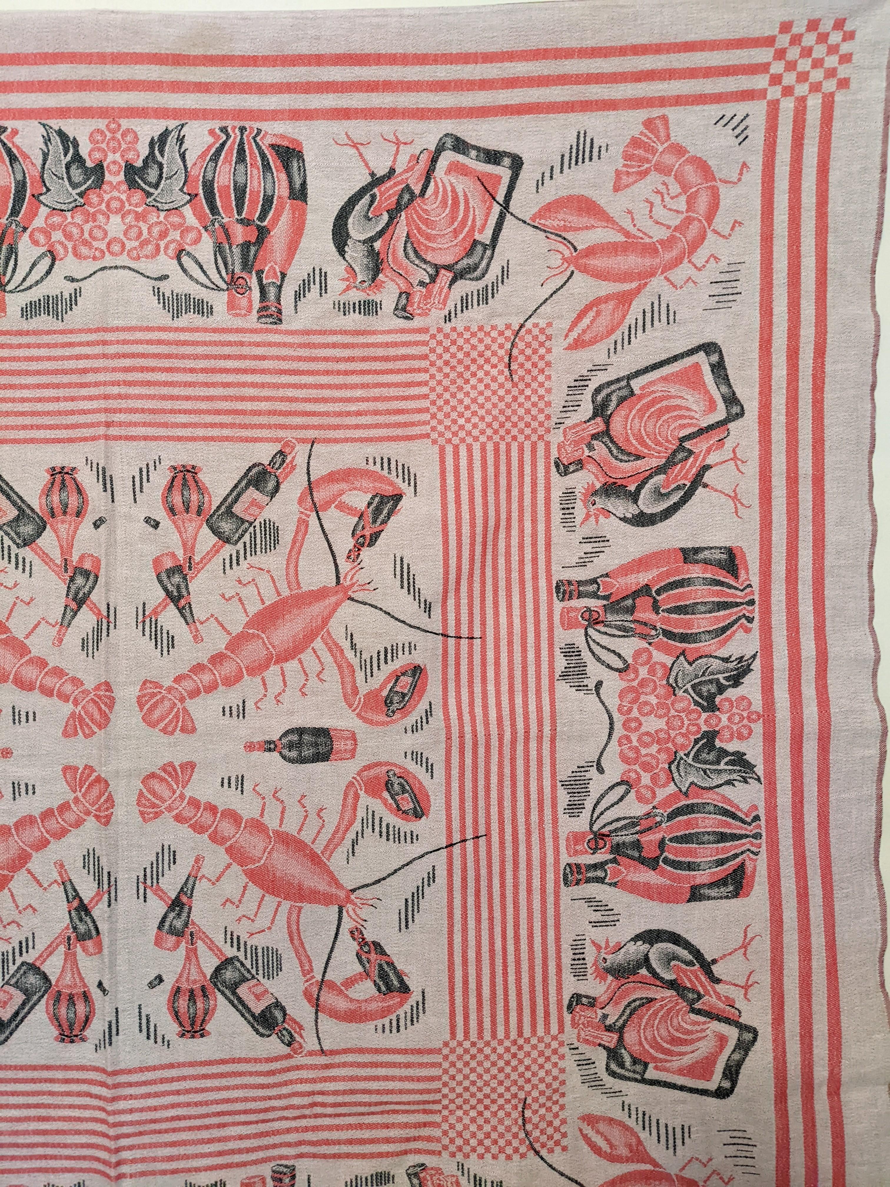 Mid-20th Century Charming Art Deco Lobsters Jacquard Cloth, Prohibition Era For Sale