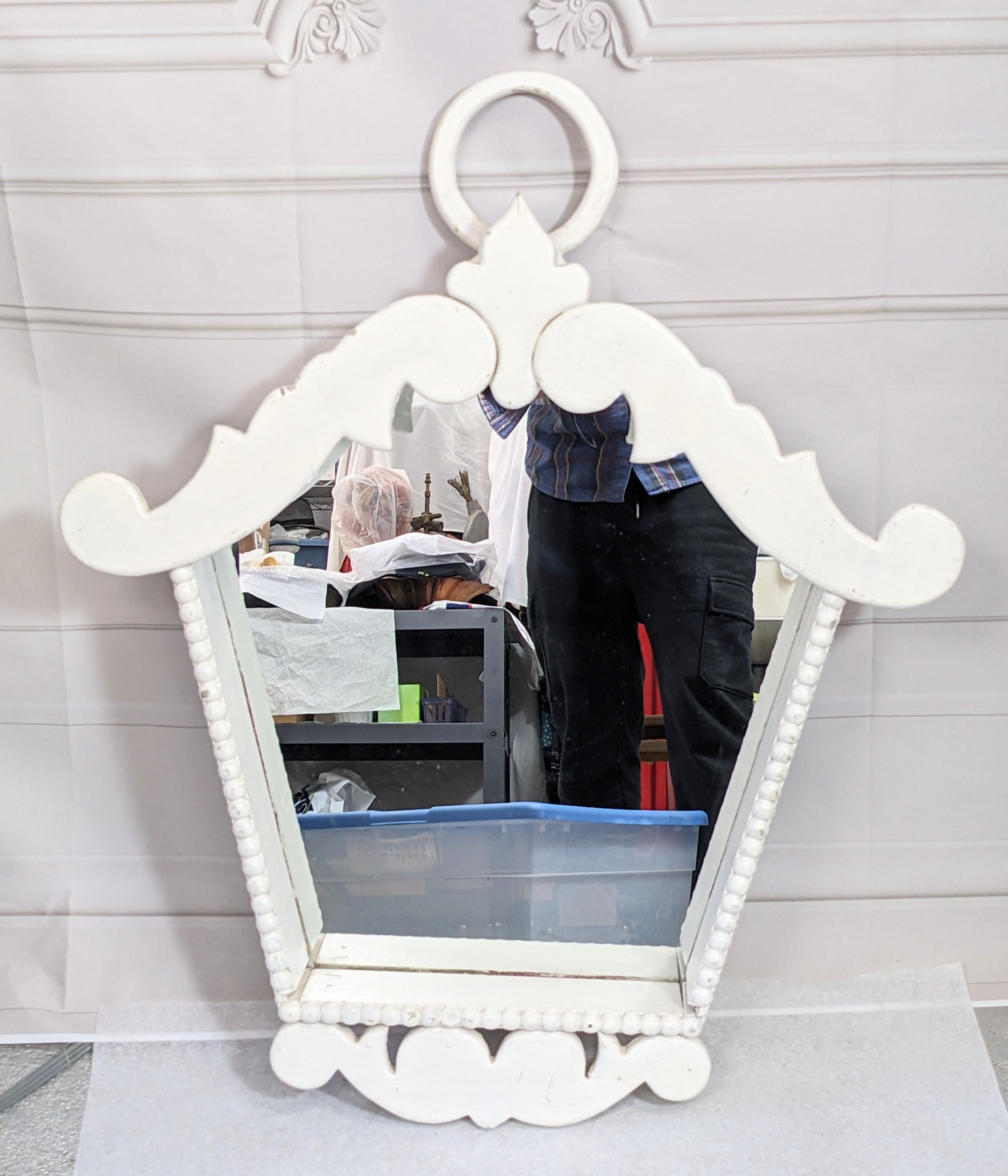 Charming Mirrored Art Deco Wall Display from the 1940's. Shaped like a bird house, handmade of wood painted bright white with slightly Folksy/ French 40's/Surrealist/Dorothy Draper vibes. Can be used to spotlight a vignette of objects or one larger