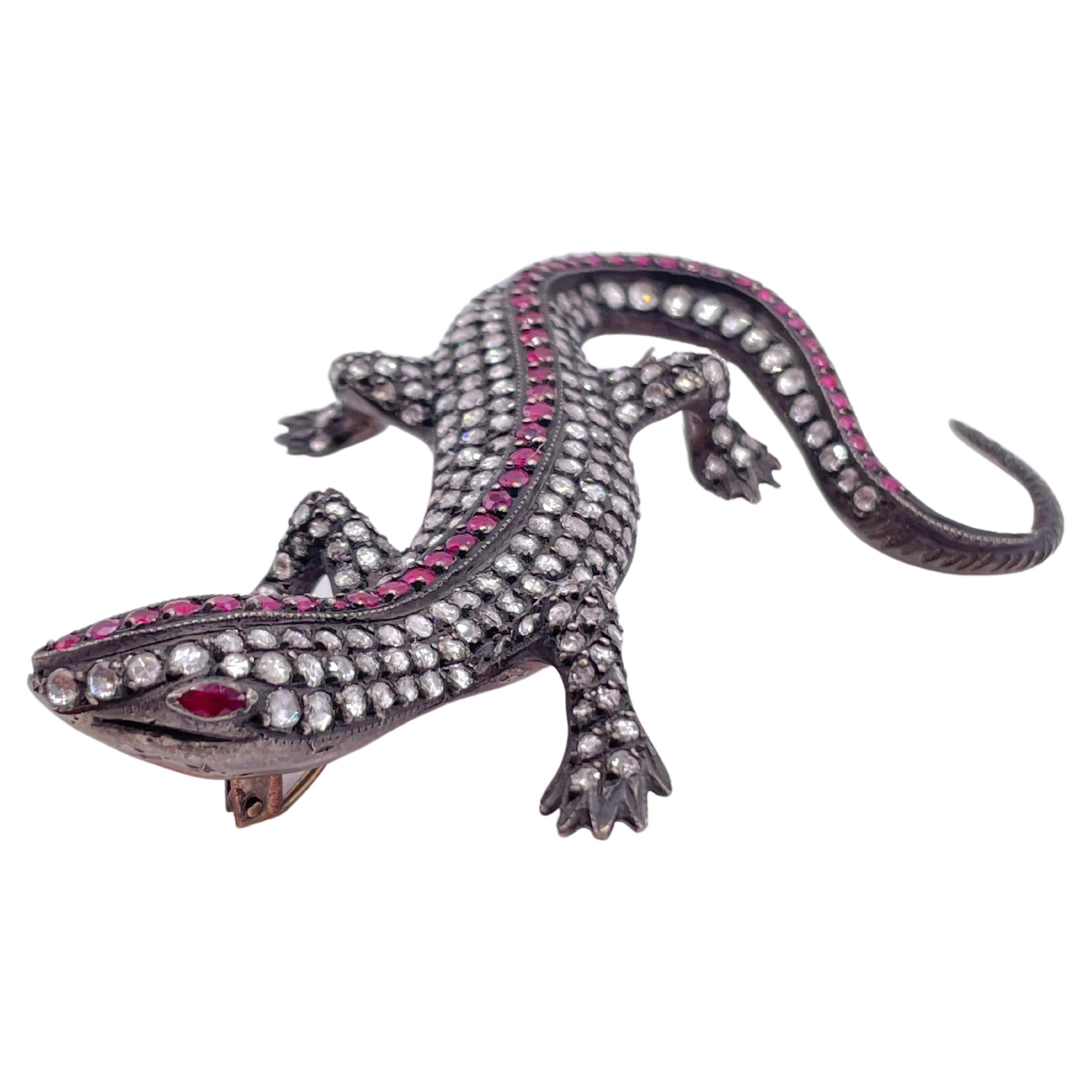 Charming Art Deco Rose-Cut and Ruby Lizard Brooch For Sale