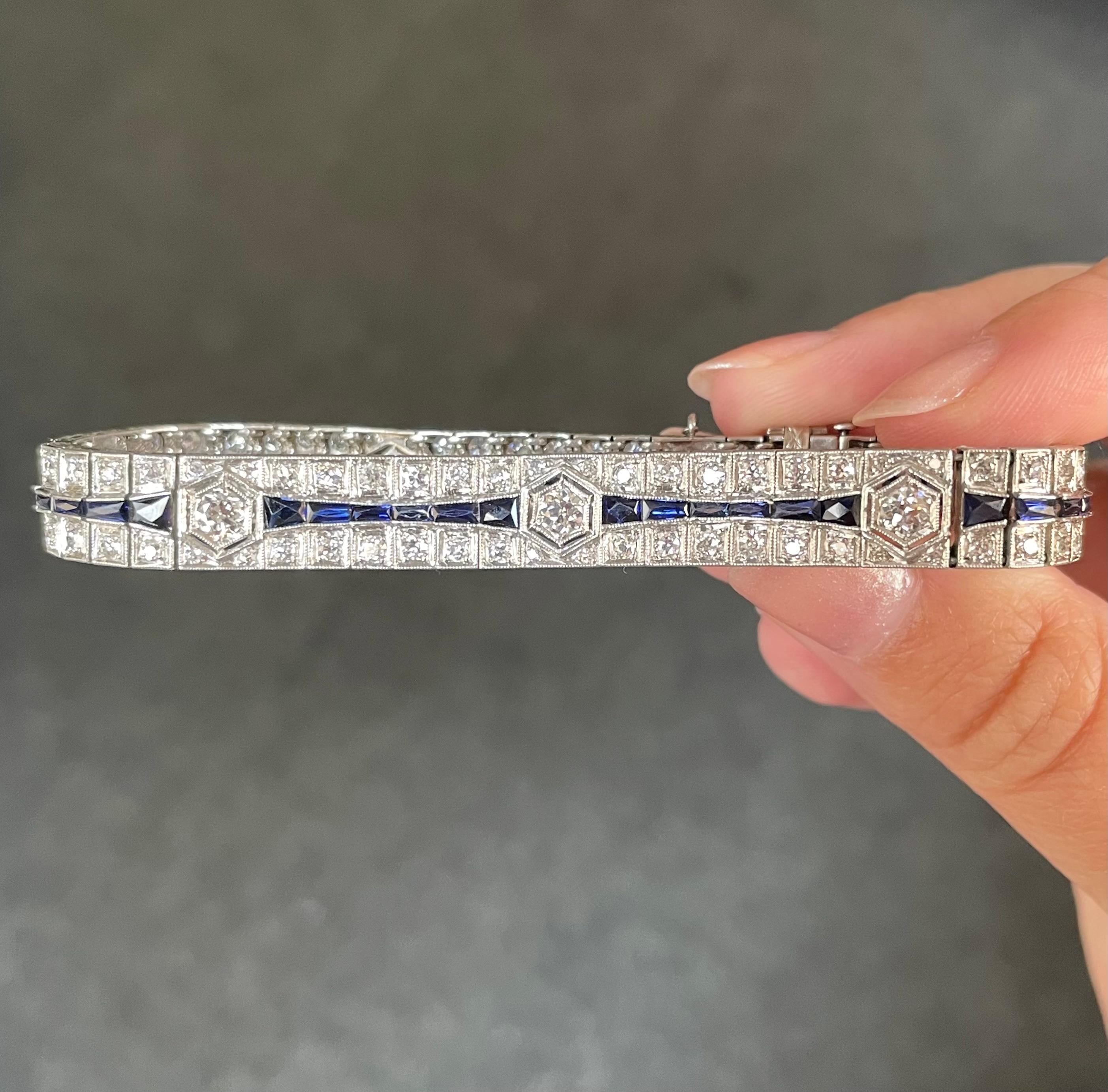 Round Cut Charming Art Deco Three Row Diamond and Sapphire Bracelet in Platinum For Sale