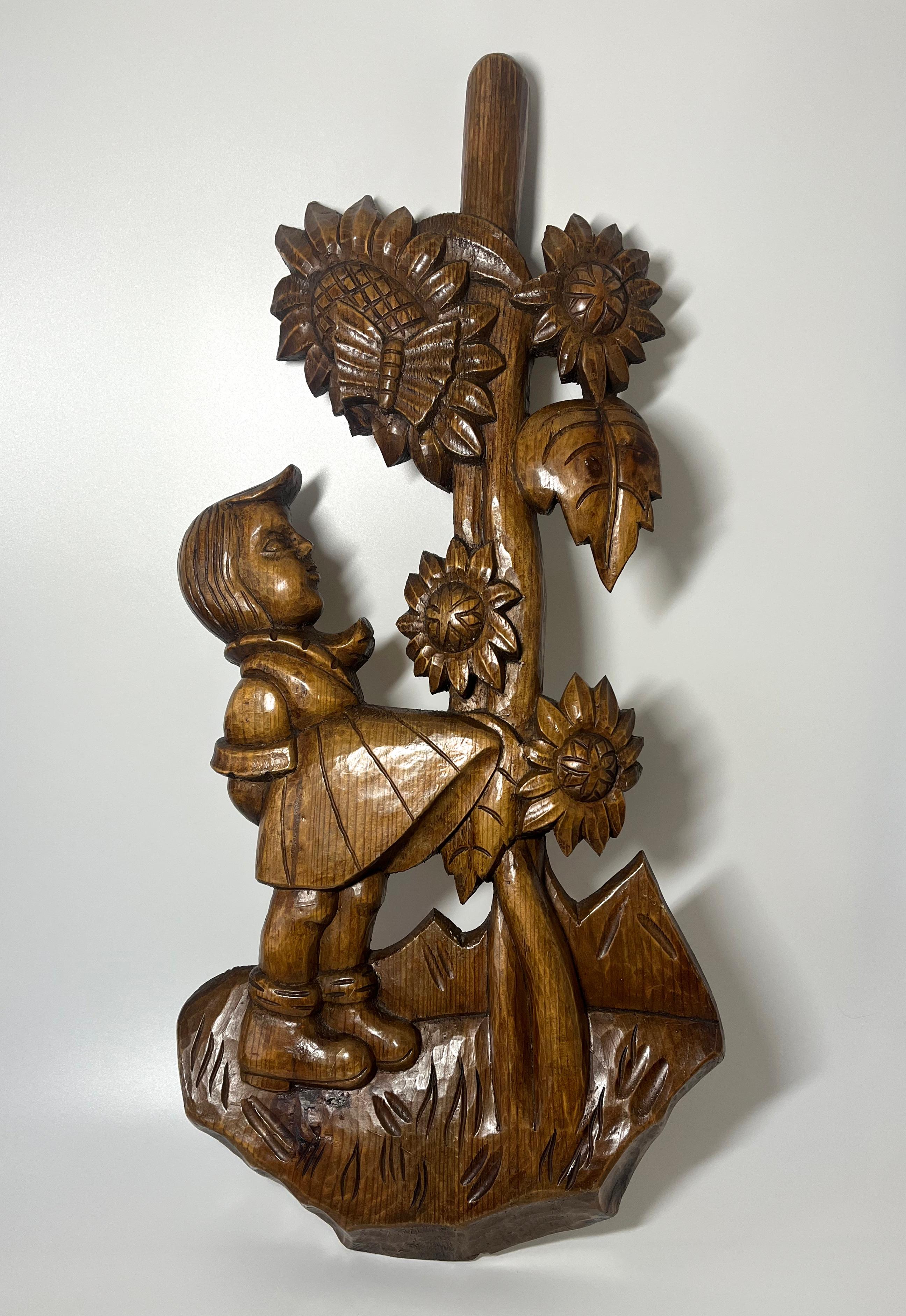 Hand-Carved Charming Bavarian Girl and Sunflower, Black Forest Nursery Wall Decoration For Sale
