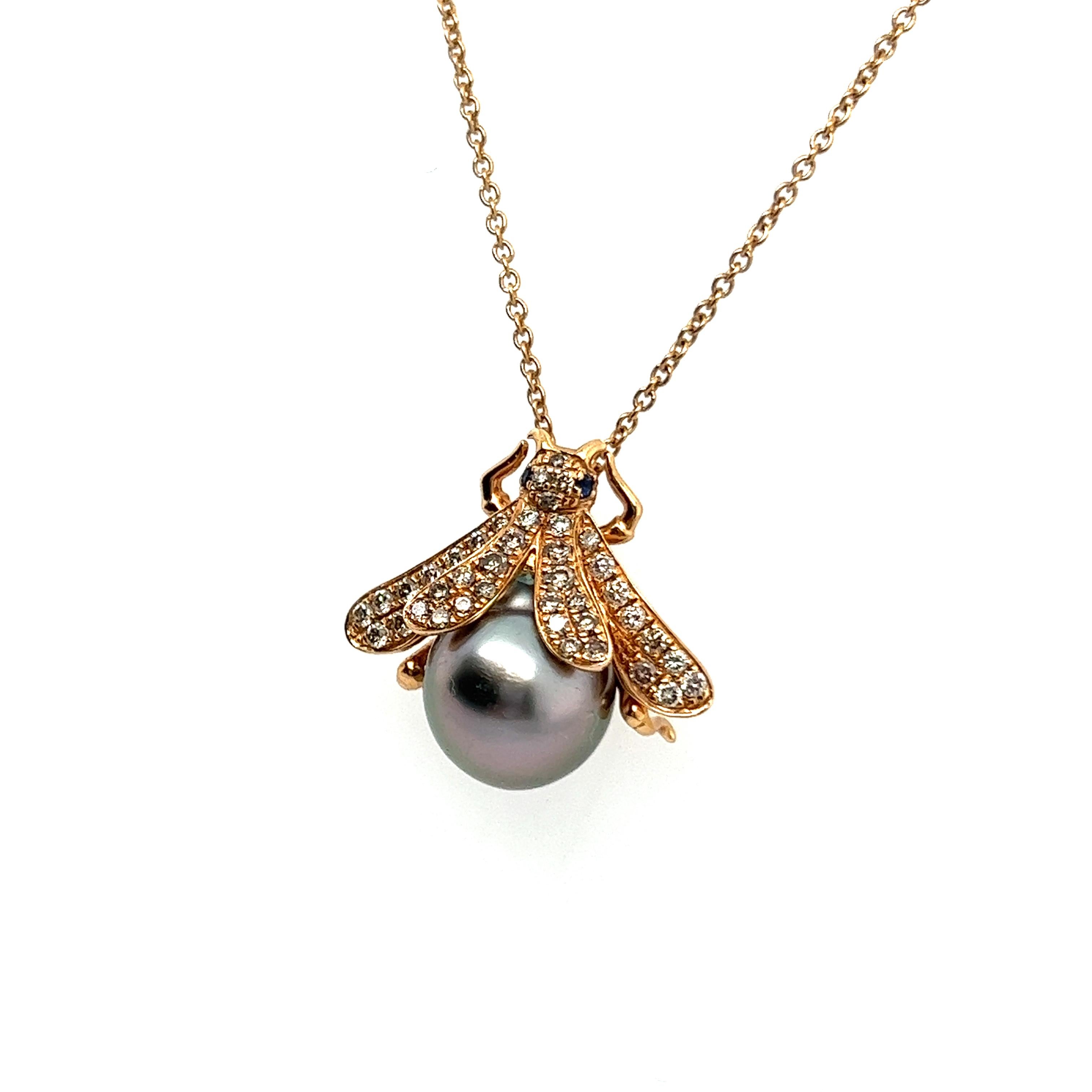 Artist Charming Bee Pendant with Pearl & Diamonds in 18 Karat Red Gold For Sale
