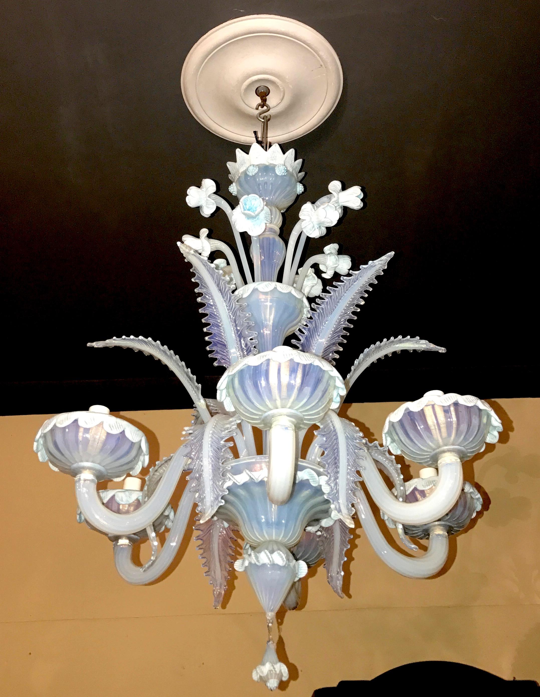 Amazing blue iridescent Murano glass chandeliers with eight arms decorated with pasta vitrea flowers.

Available also the pair.