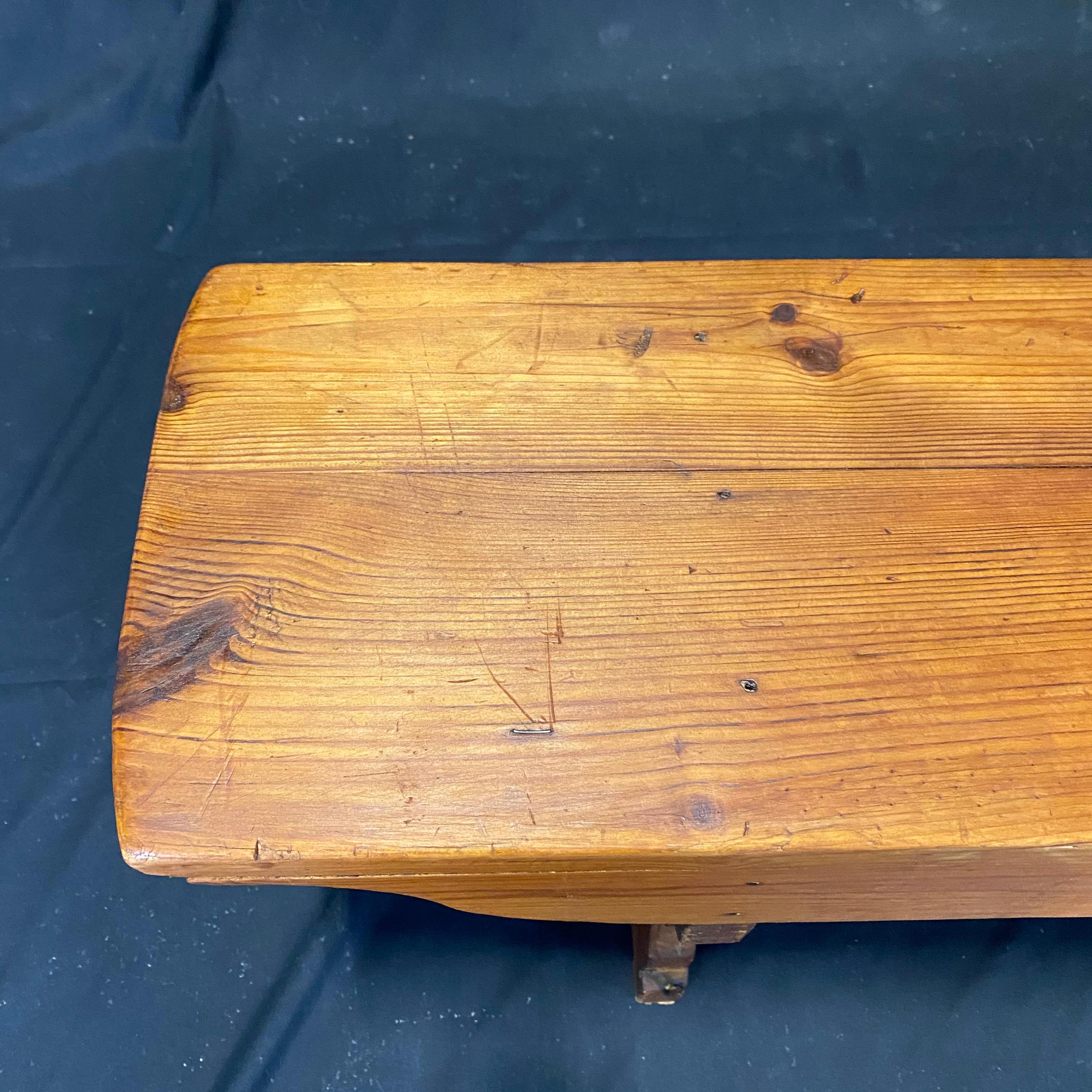 English Charming British Long Scrubbed Pine Antique School Bench