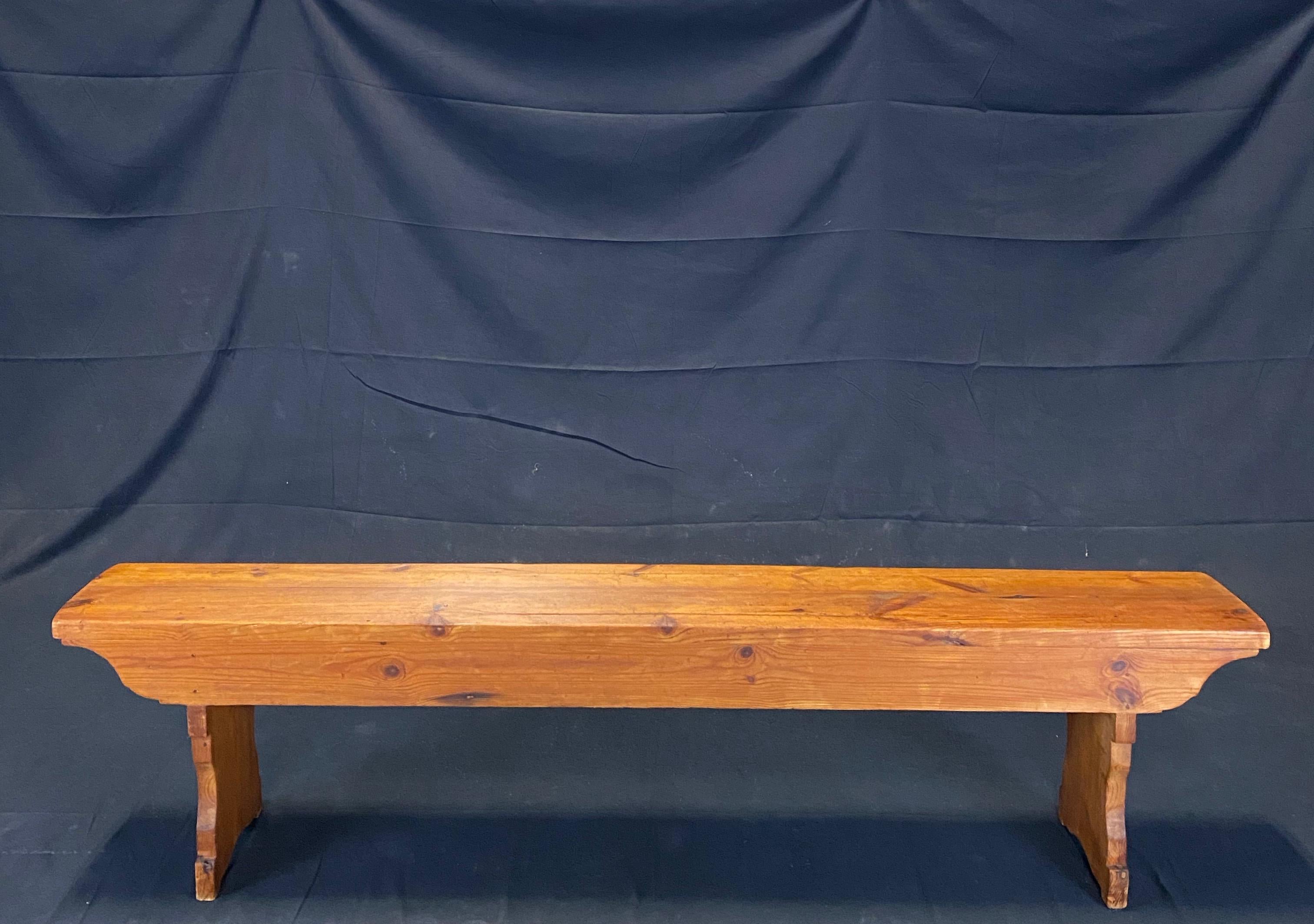 Charming British Long Scrubbed Pine Antique School Bench In Good Condition In Hopewell, NJ