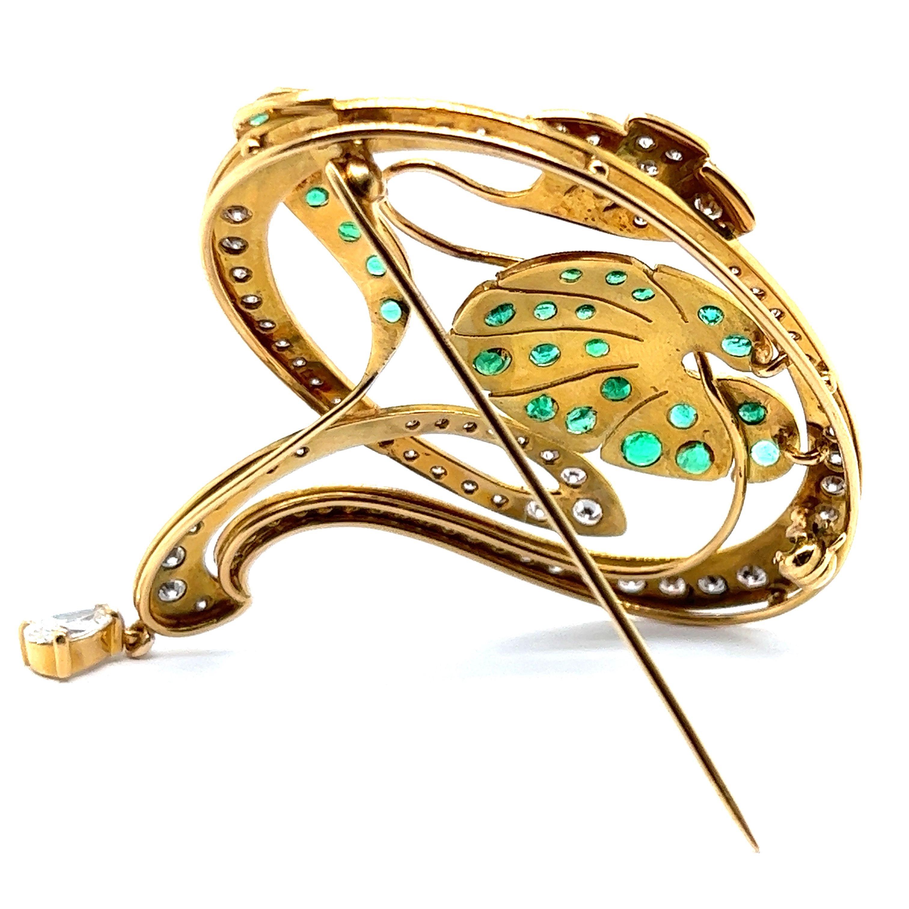 Women's or Men's Charming Brooch in 18 Karat Yellow Gold with Emeralds and Diamonds For Sale