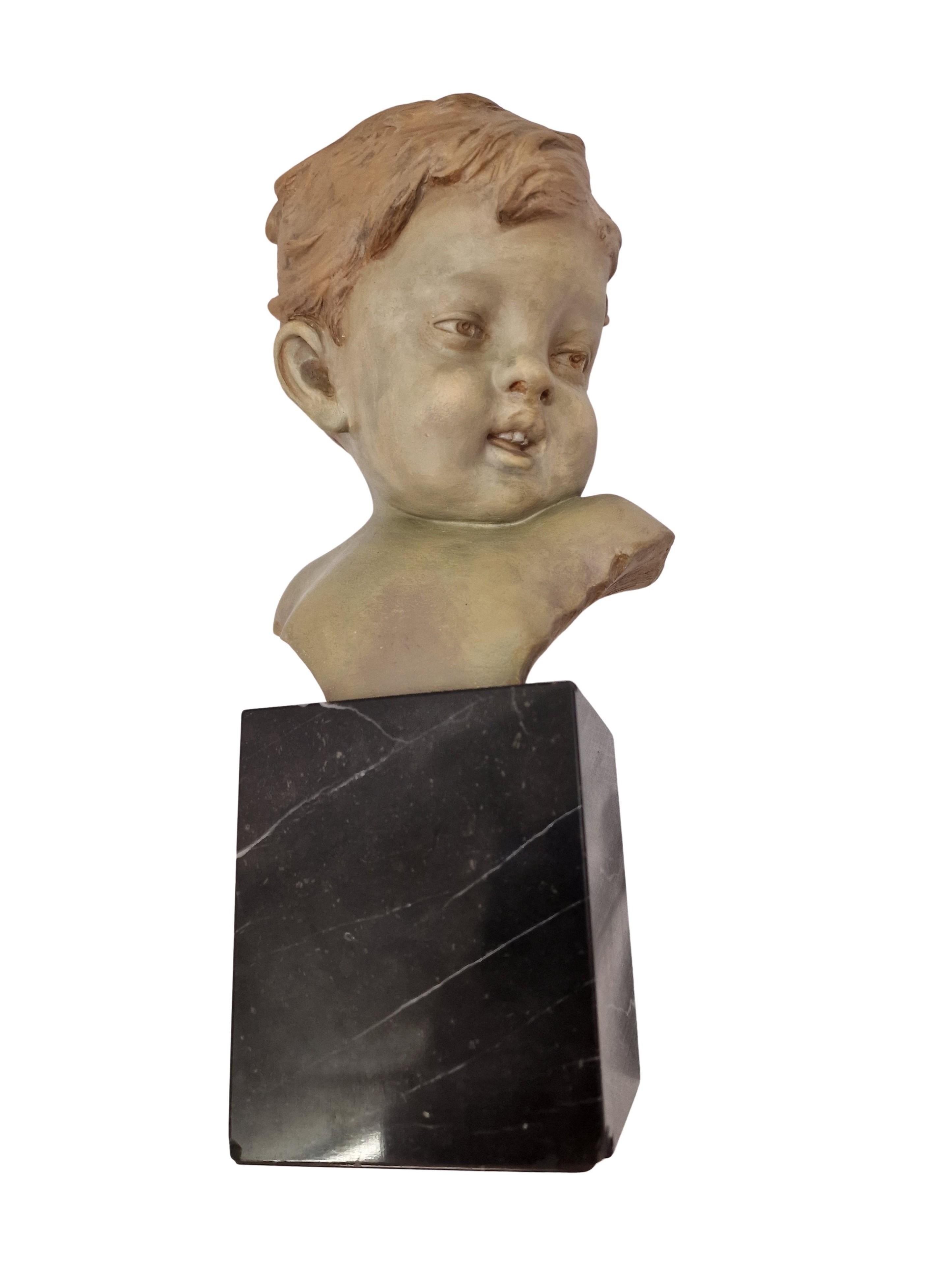 Encantador busto niño niño escultura terracota mármol Carli 1920 Art Decó Bélgica en venta 4
