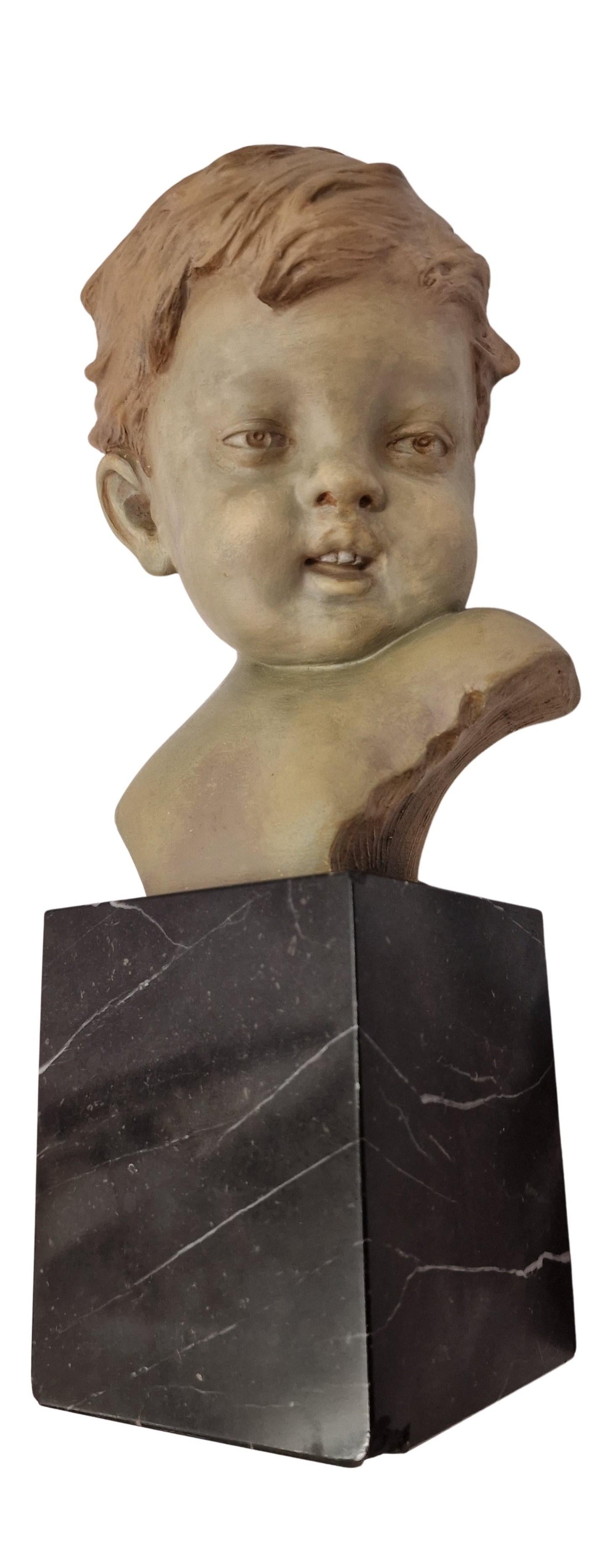 Encantador busto niño niño escultura terracota mármol Carli 1920 Art Decó Bélgica en venta 5