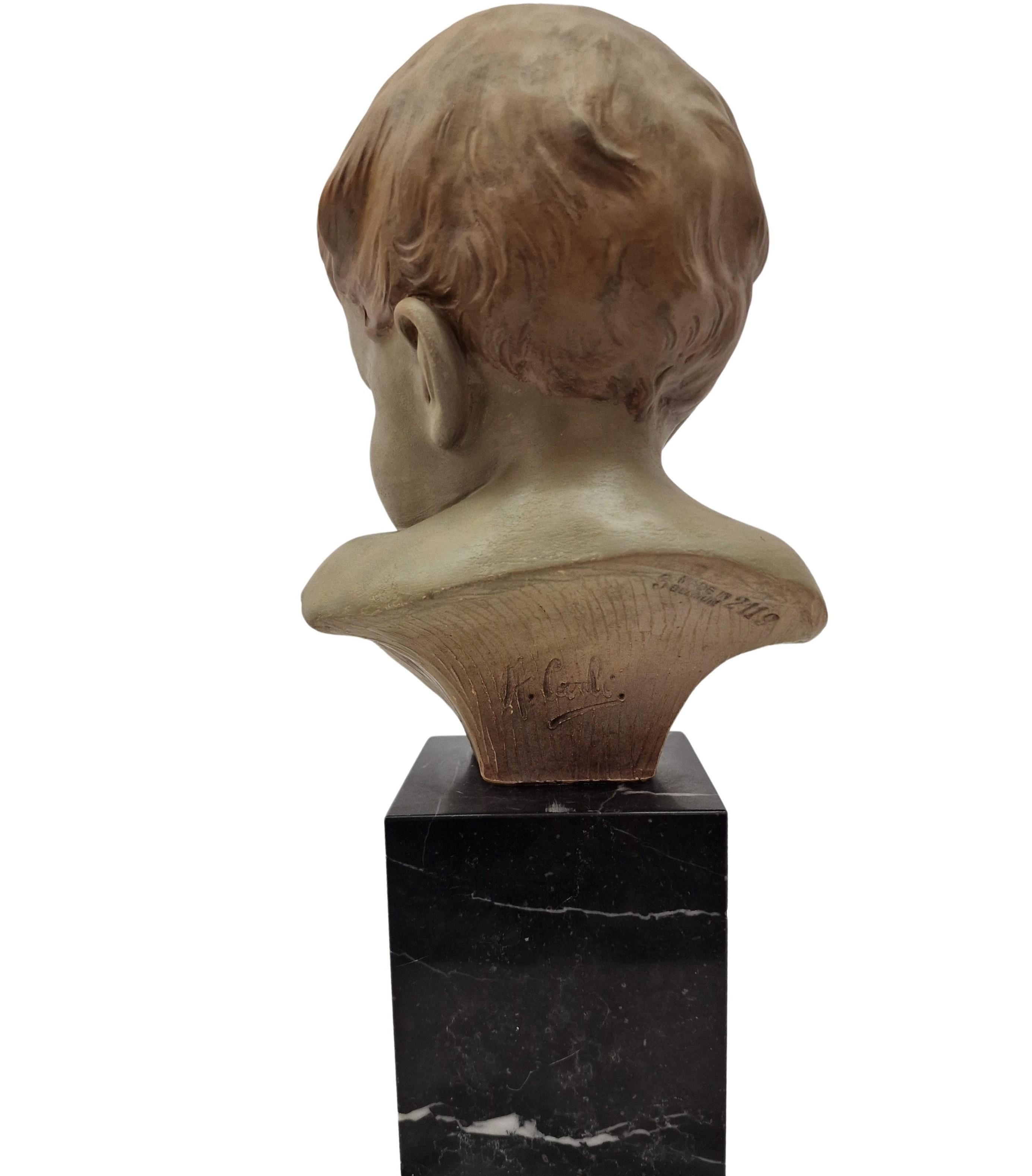 Encantador busto niño niño escultura terracota mármol Carli 1920 Art Decó Bélgica Pintado a mano en venta