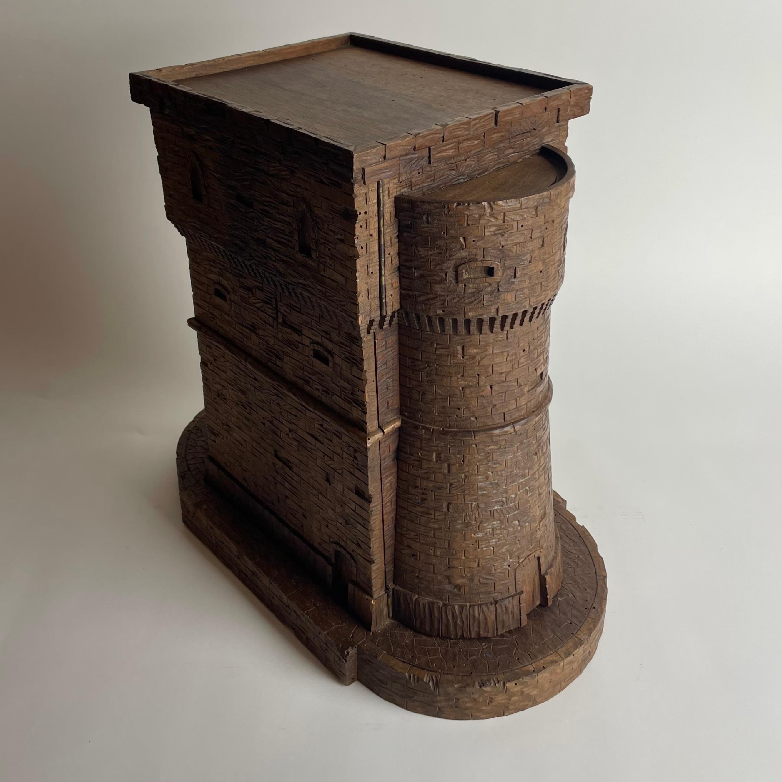 Charming Carved Walnut Castle Form Liquor Cabinet, Late 19th Century For Sale 5