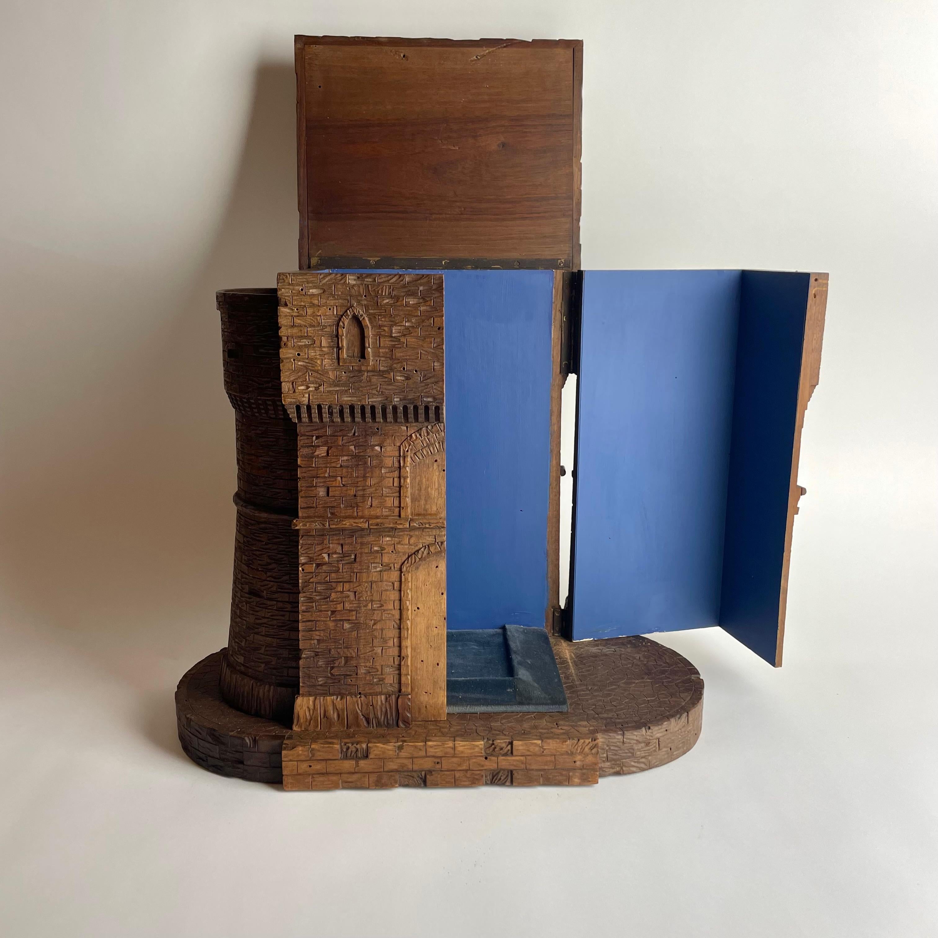 Charming Carved Walnut Castle Form Liquor Cabinet, Late 19th Century In Good Condition For Sale In Knivsta, SE