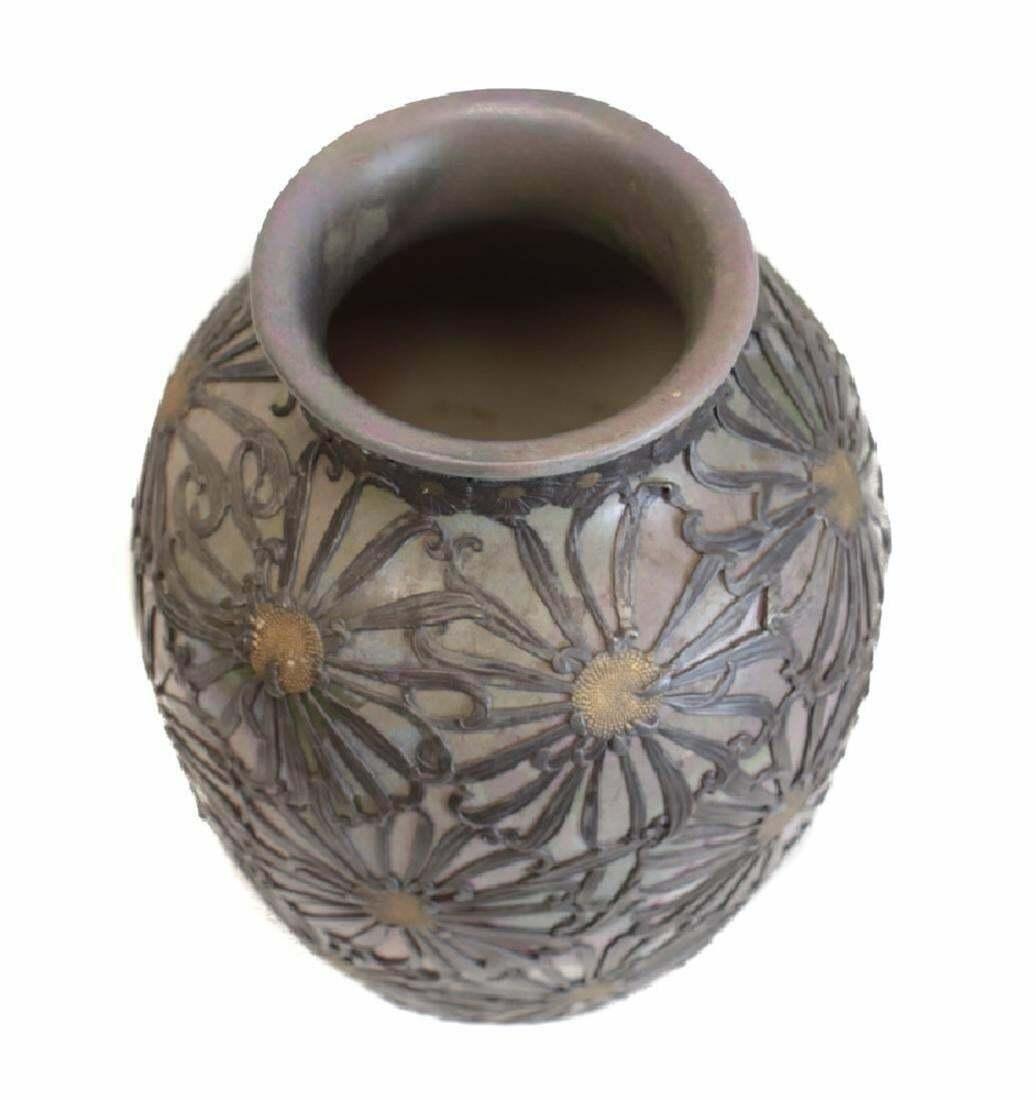 Charming Ceramic Art Nouveau Floral Vase with Pewter Overlay, c1900 In Good Condition In Gardena, CA