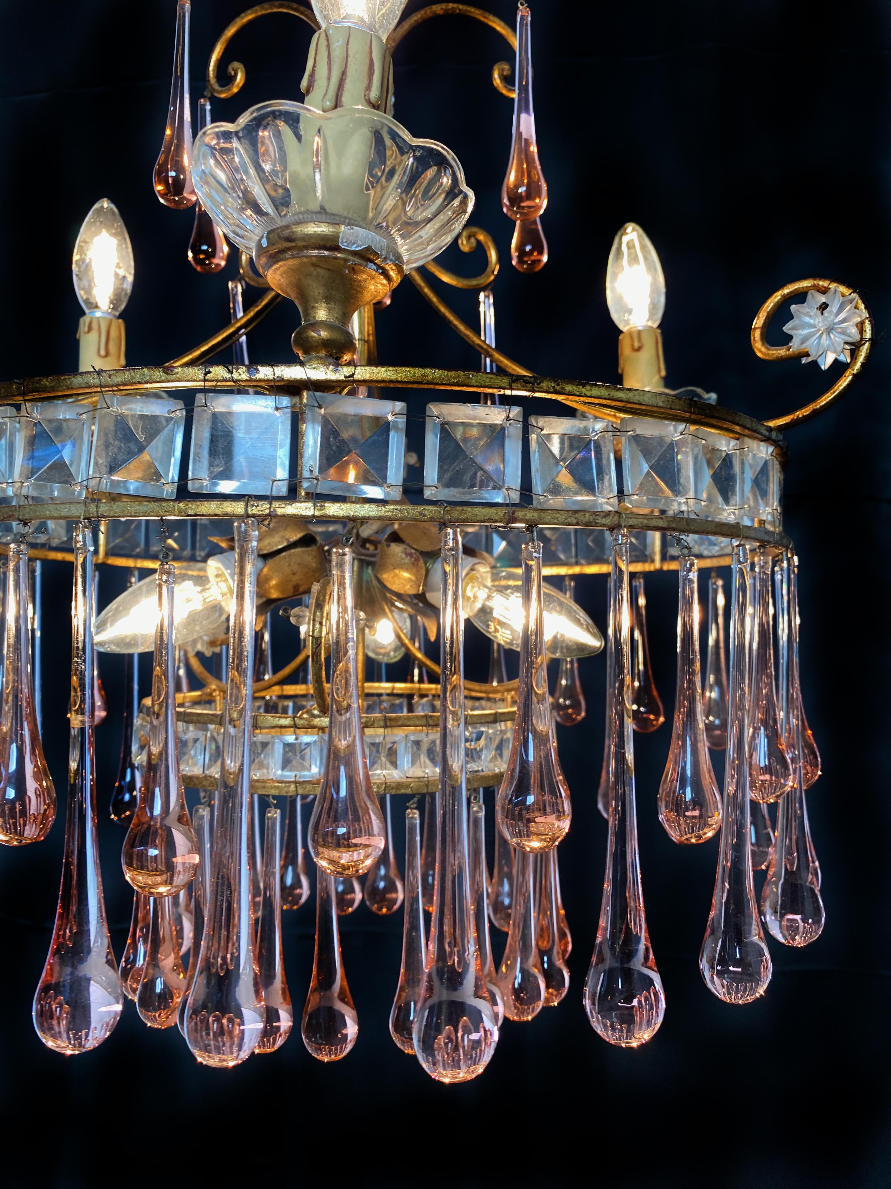 Italian Charming Chandelier Ambra Drops Glass, Murano, 1950s For Sale