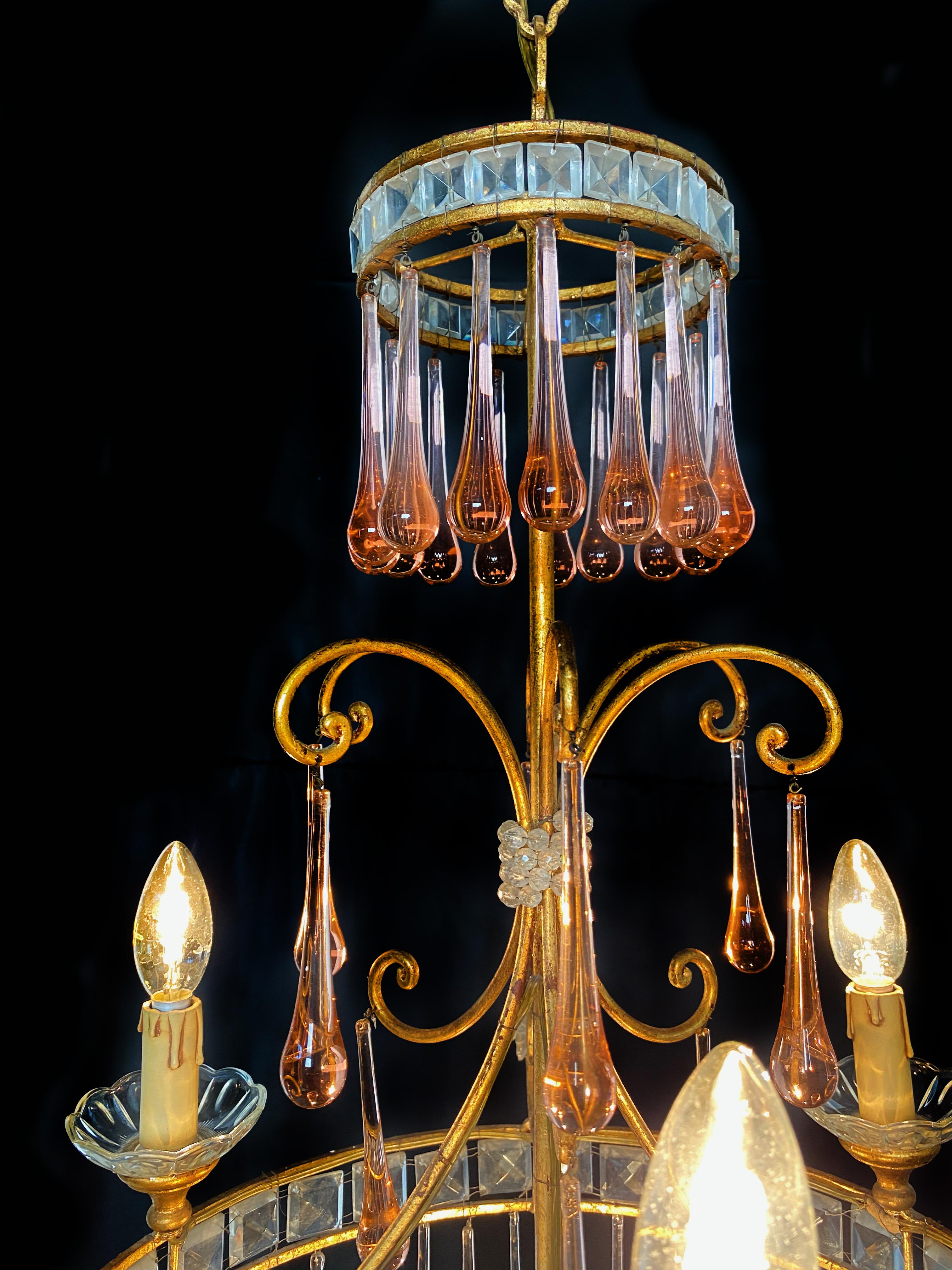 Charming Chandelier Ambra Drops Glass, Murano, 1950s In Good Condition In Budapest, HU