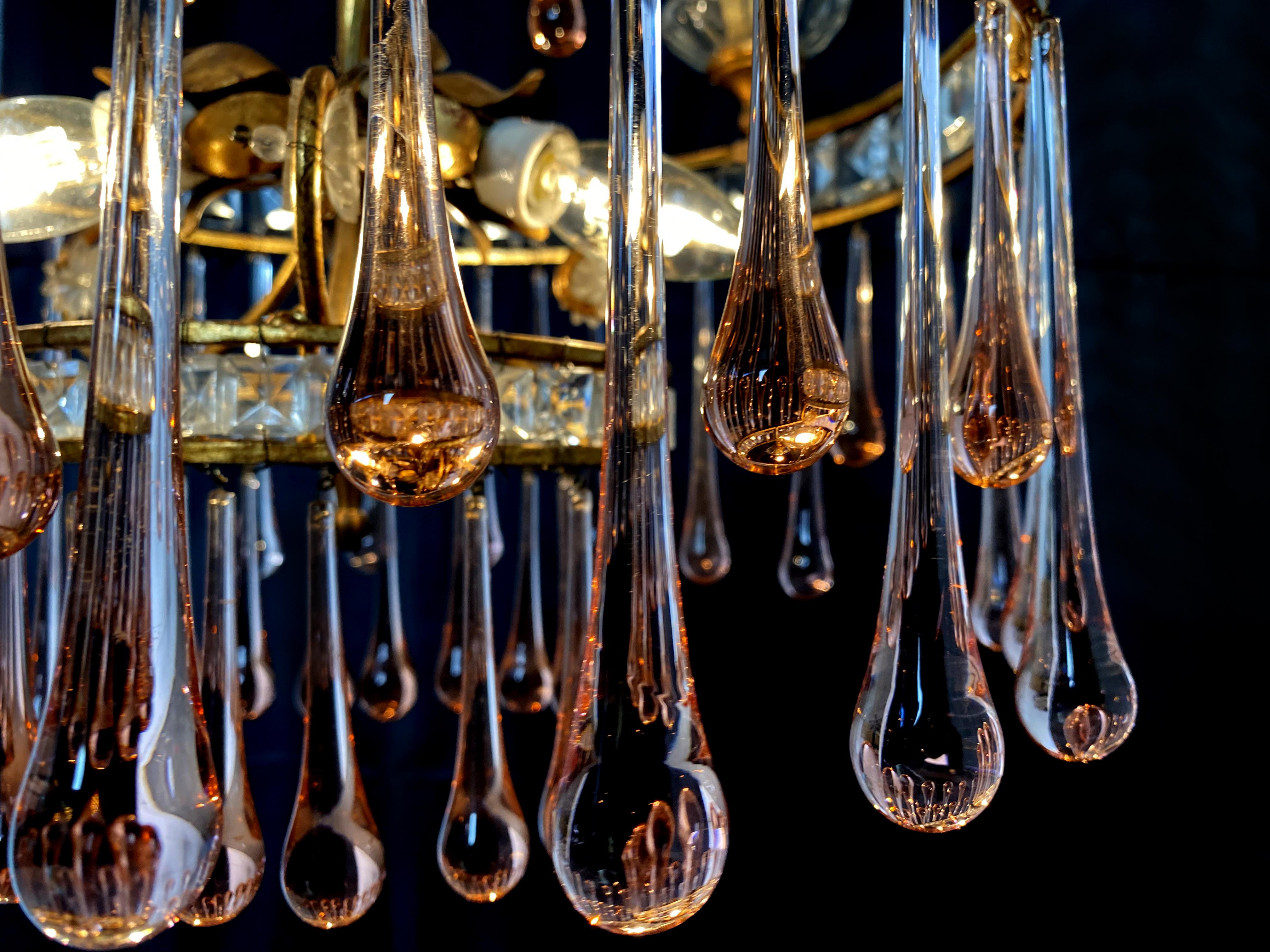 Metal Charming Chandelier Ambra Drops Glass, Murano, 1950s