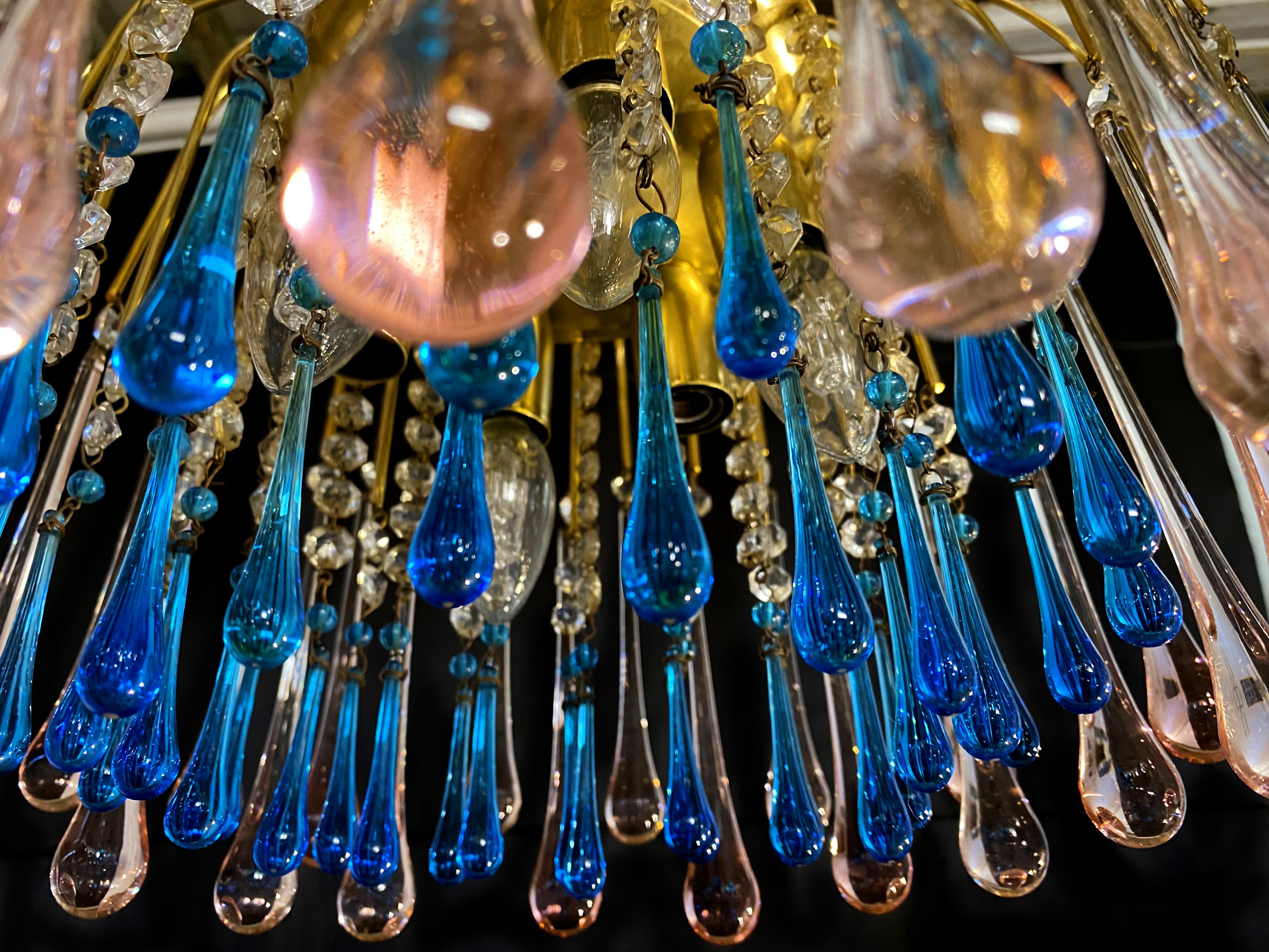 Charming Chandelier Blue and Pink Drops Glass, Murano, 1970s 4