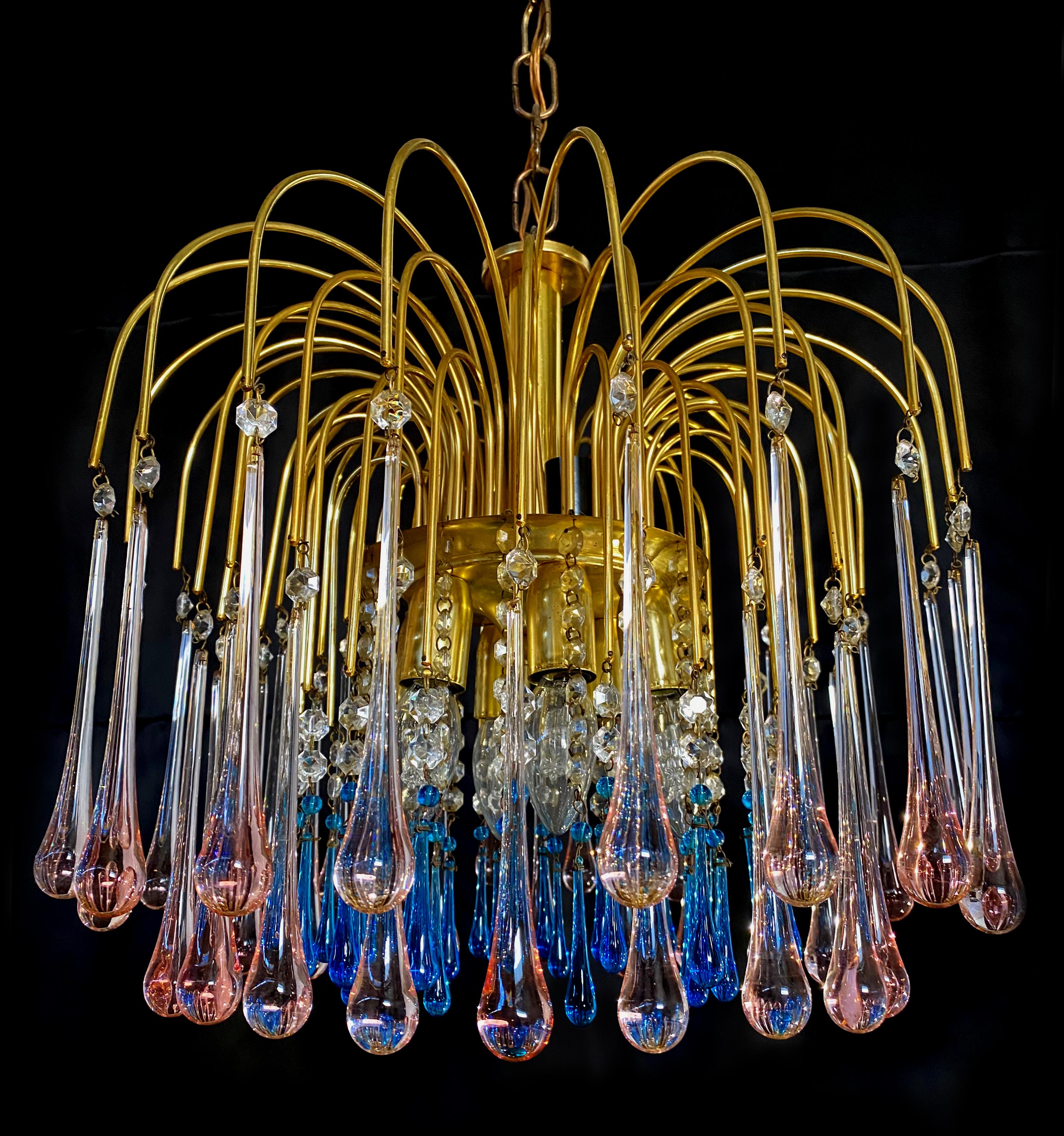 Charming Chandelier Blue and Pink Drops Glass, Murano, 1970s 5
