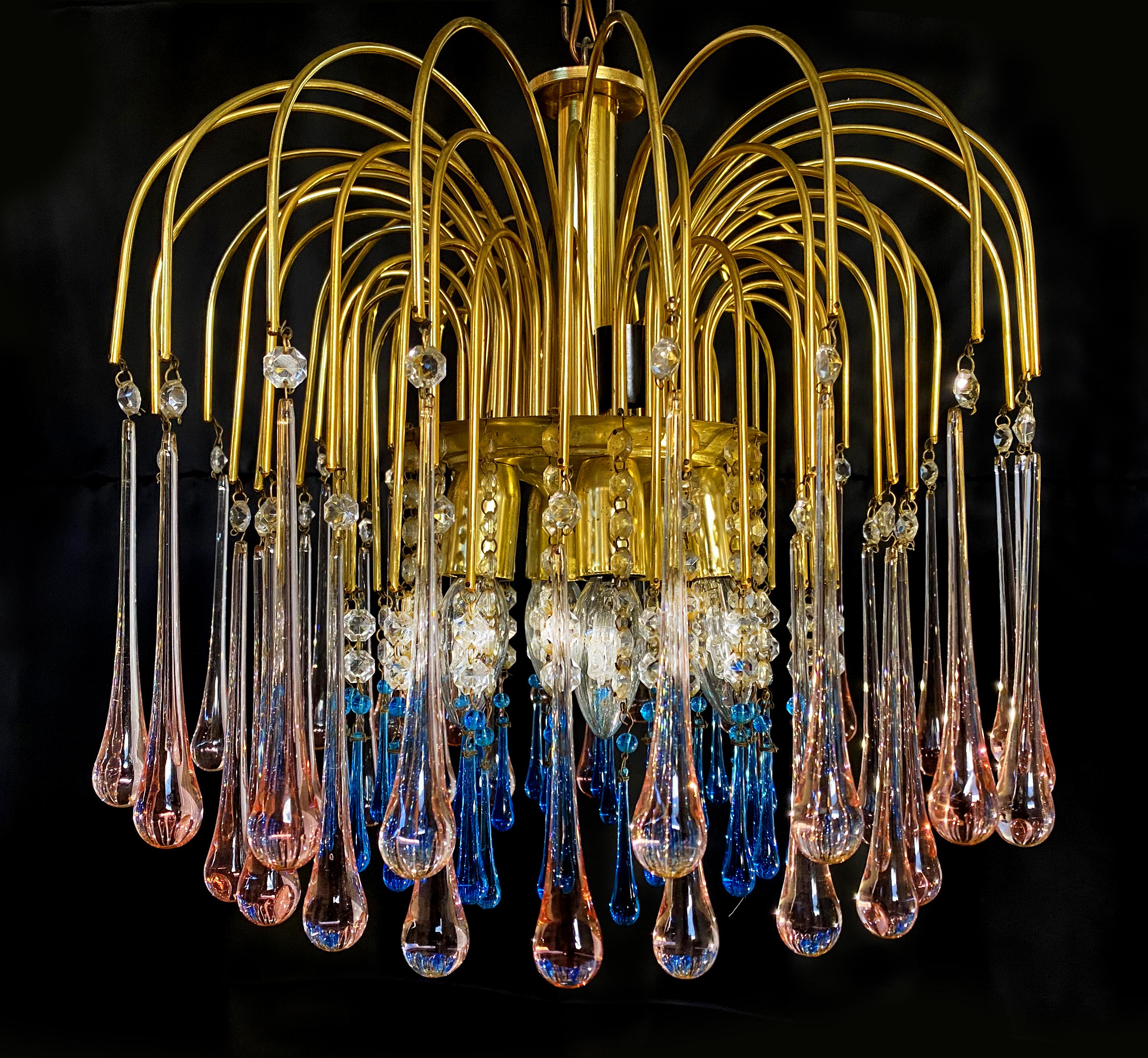 Charming Chandelier Blue and Pink Drops Glass, Murano, 1970s 6