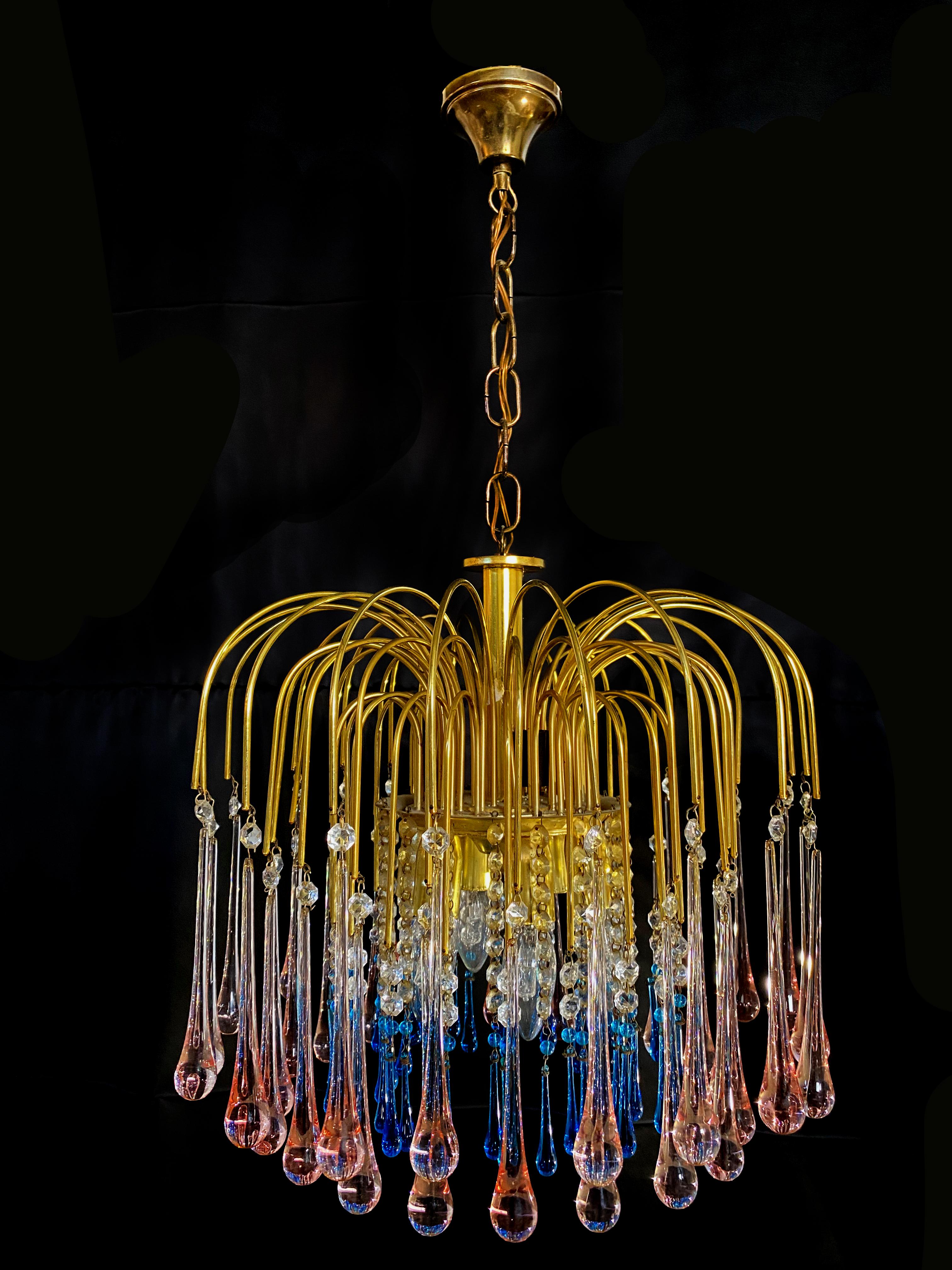 Charming Chandelier Blue and Pink Drops Glass, Murano, 1970s 7