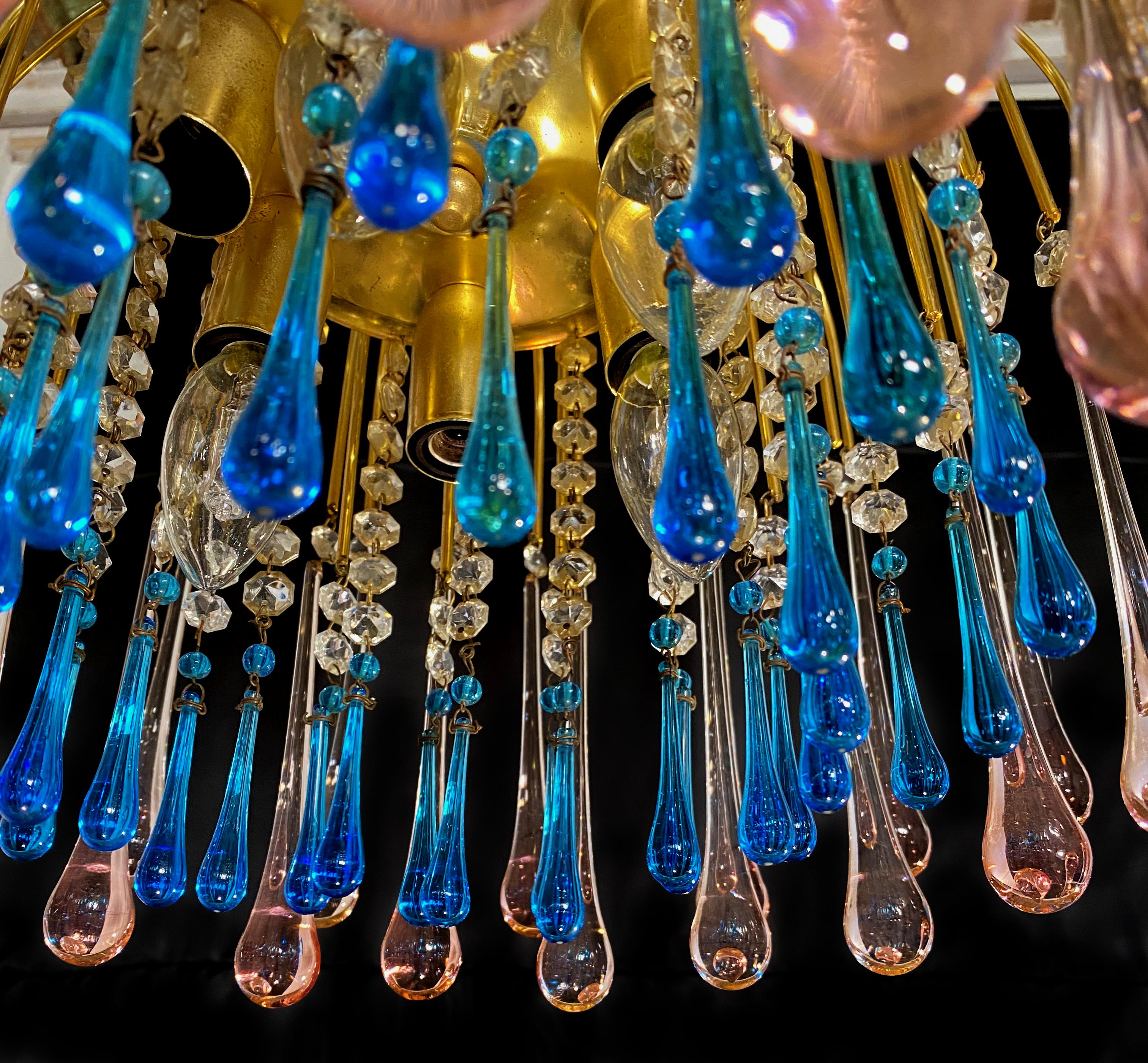 Italian Charming Chandelier Blue and Pink Drops Glass, Murano, 1970s