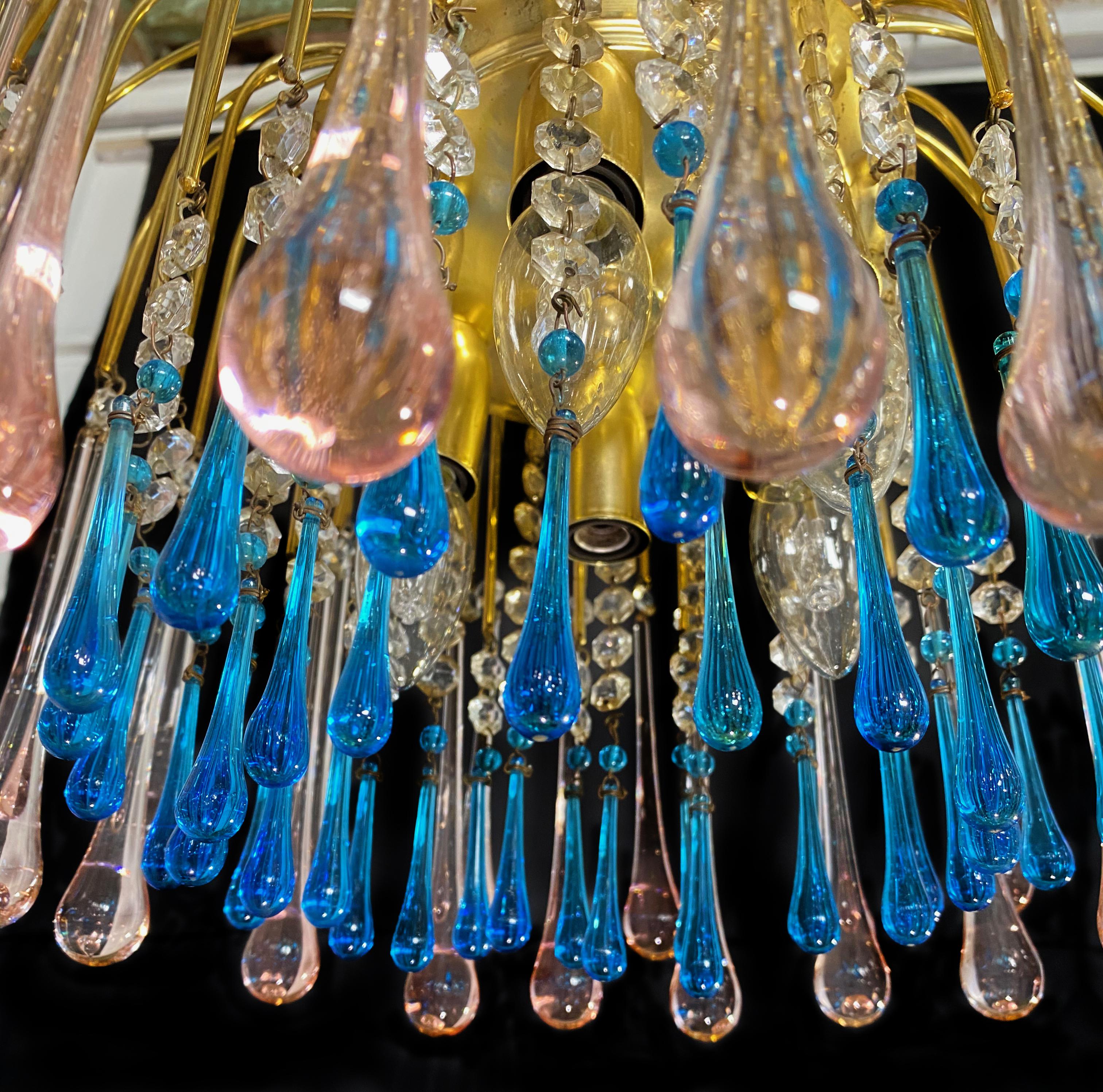 Painted Charming Chandelier Blue and Pink Drops Glass, Murano, 1970s