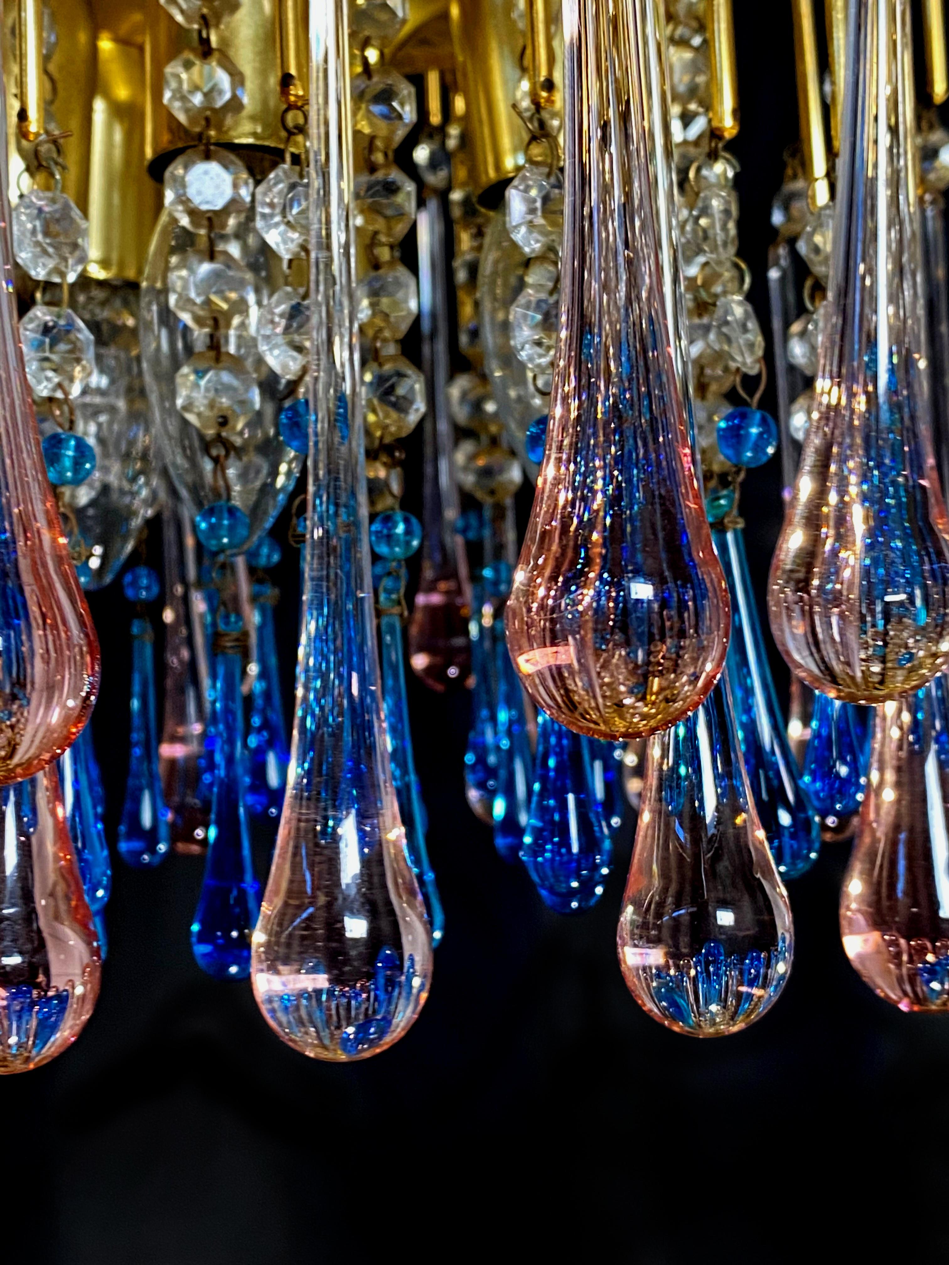 Charming Chandelier Blue and Pink Drops Glass, Murano, 1970s In Good Condition In Budapest, HU