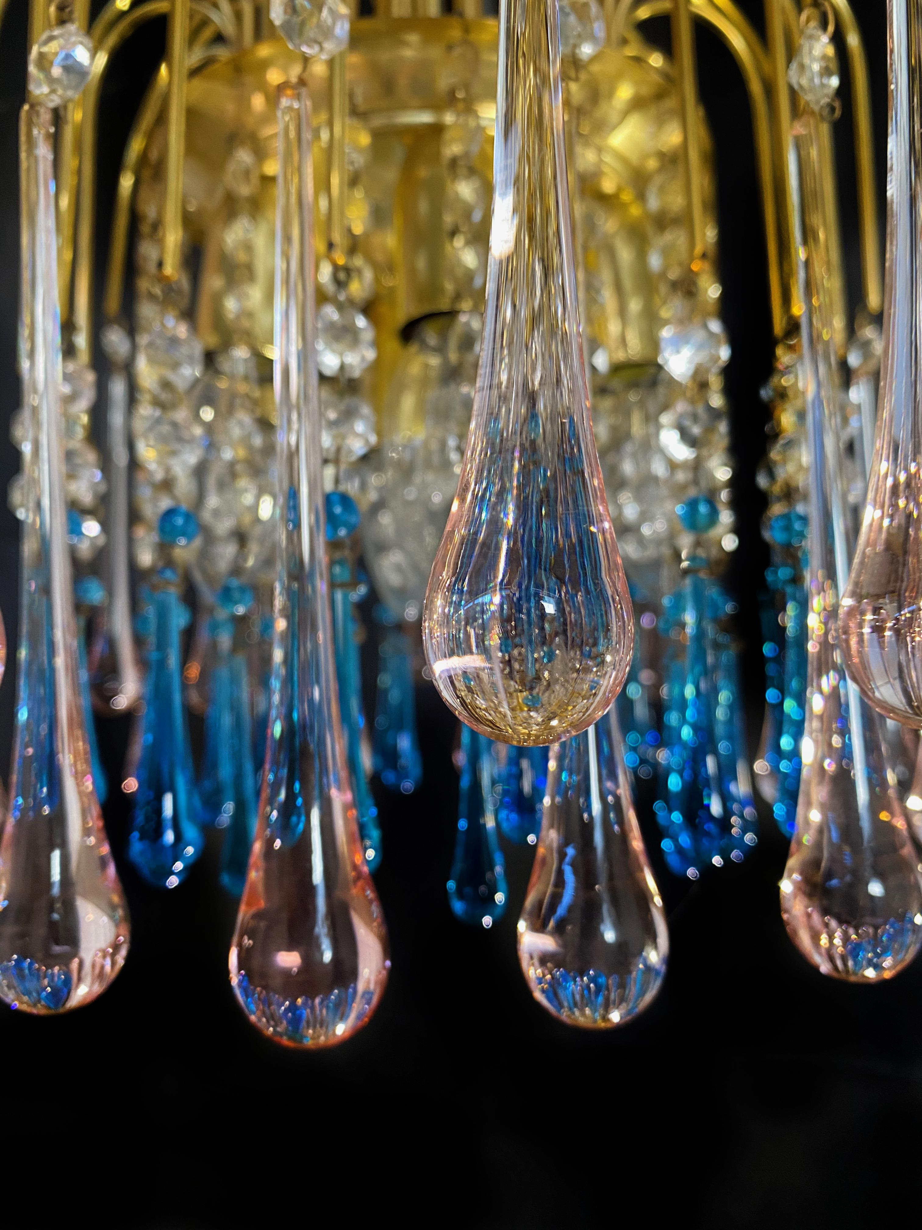 20th Century Charming Chandelier Blue and Pink Drops Glass, Murano, 1970s