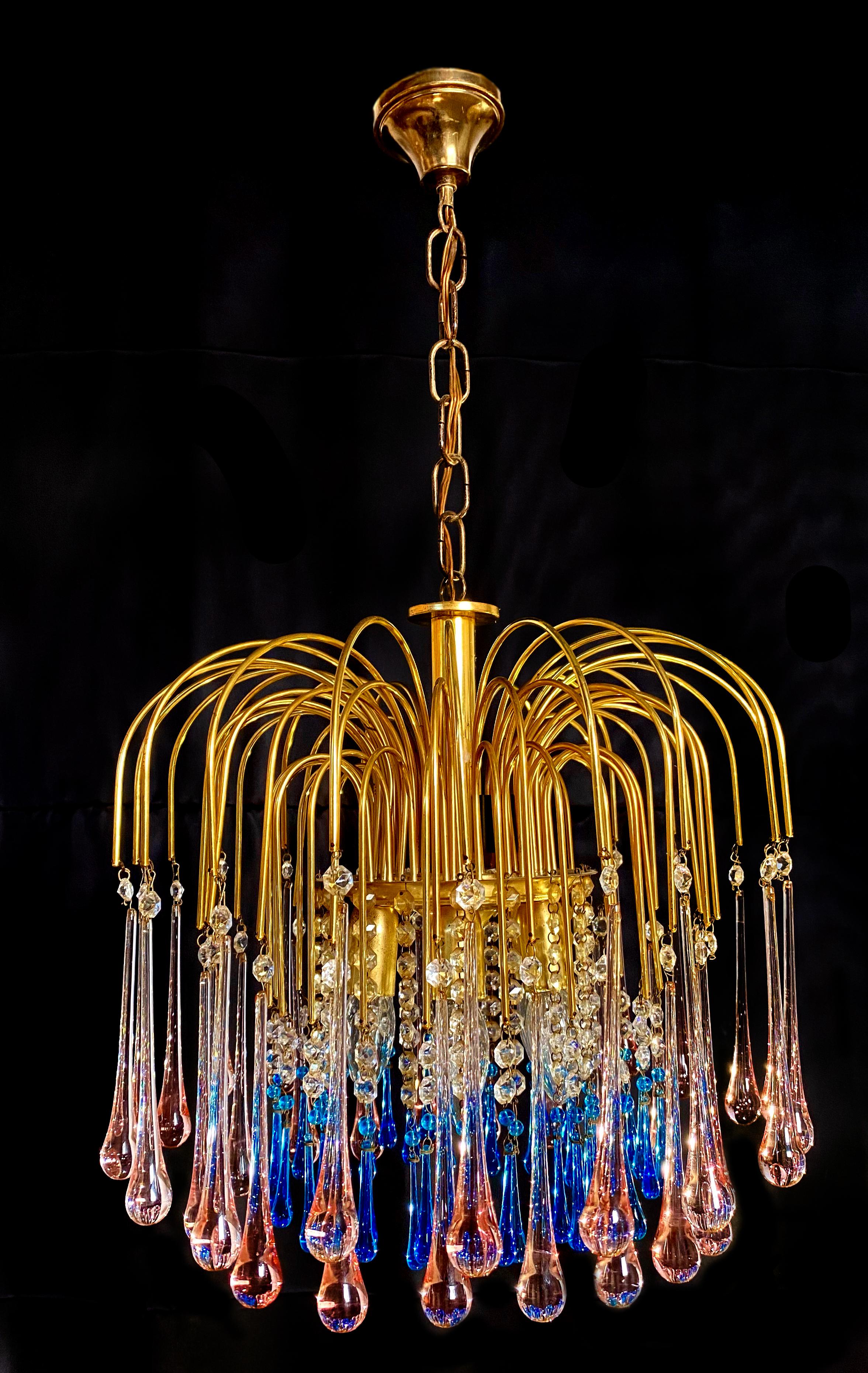 Murano Glass Charming Chandelier Blue and Pink Drops Glass, Murano, 1970s