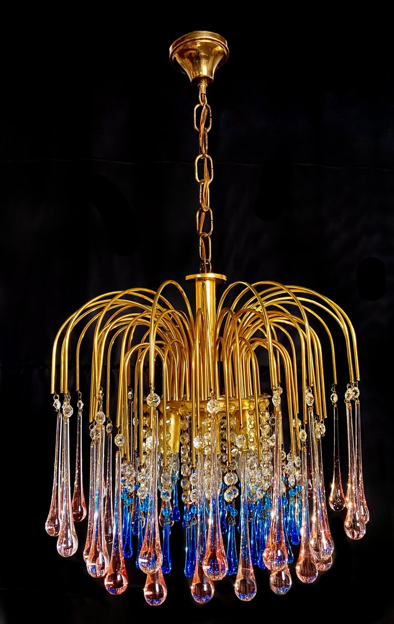 Charming Chandelier Blue and Pink Drops Glass, Murano, 1970s at 1stDibs