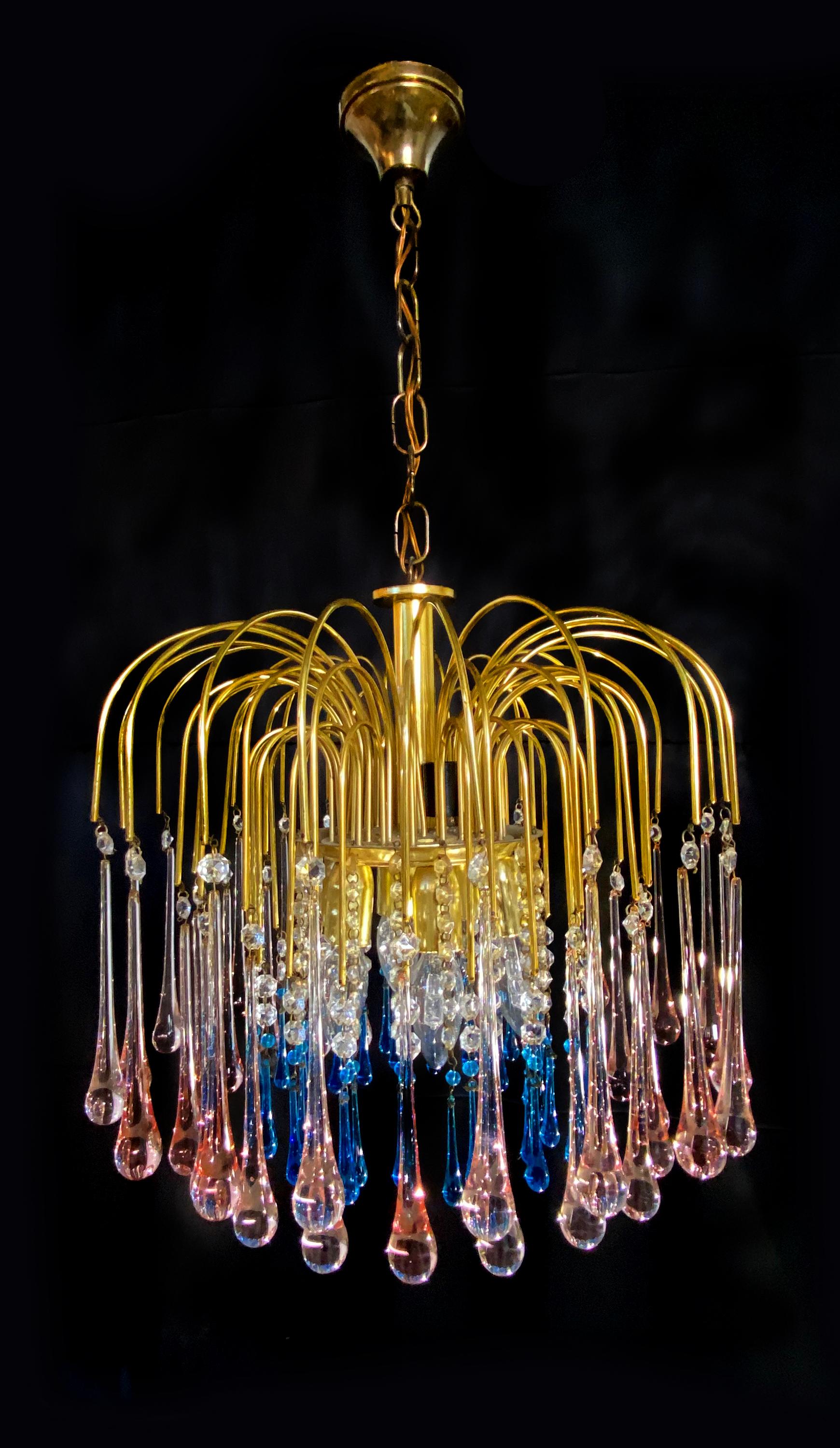 Charming Chandelier Blue and Pink Drops Glass, Murano, 1970s 1