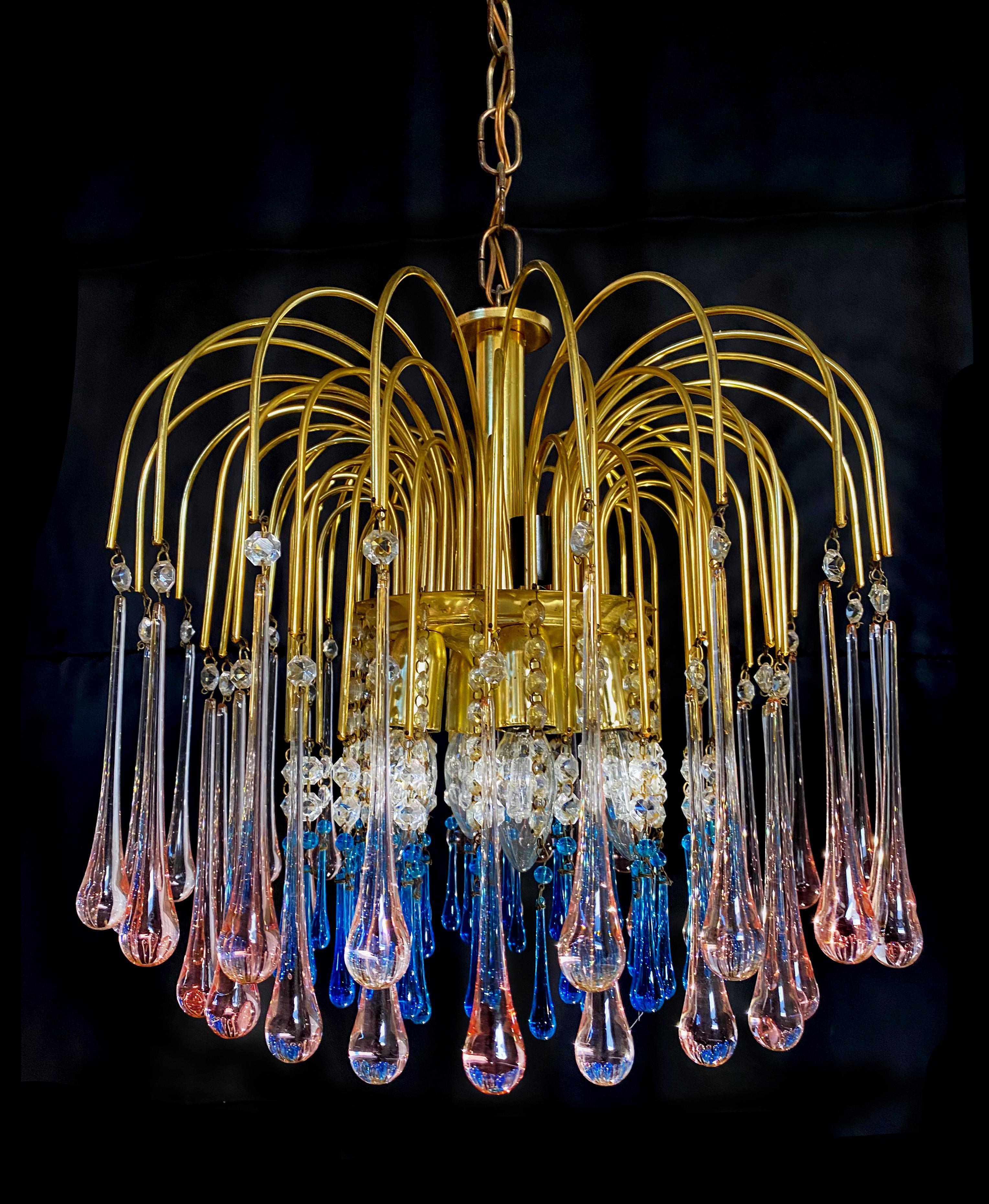 Charming Chandelier Blue and Pink Drops Glass, Murano, 1970s 2