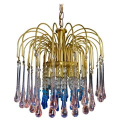 Charming Chandelier Blue and Pink Drops Glass, Murano, 1970s