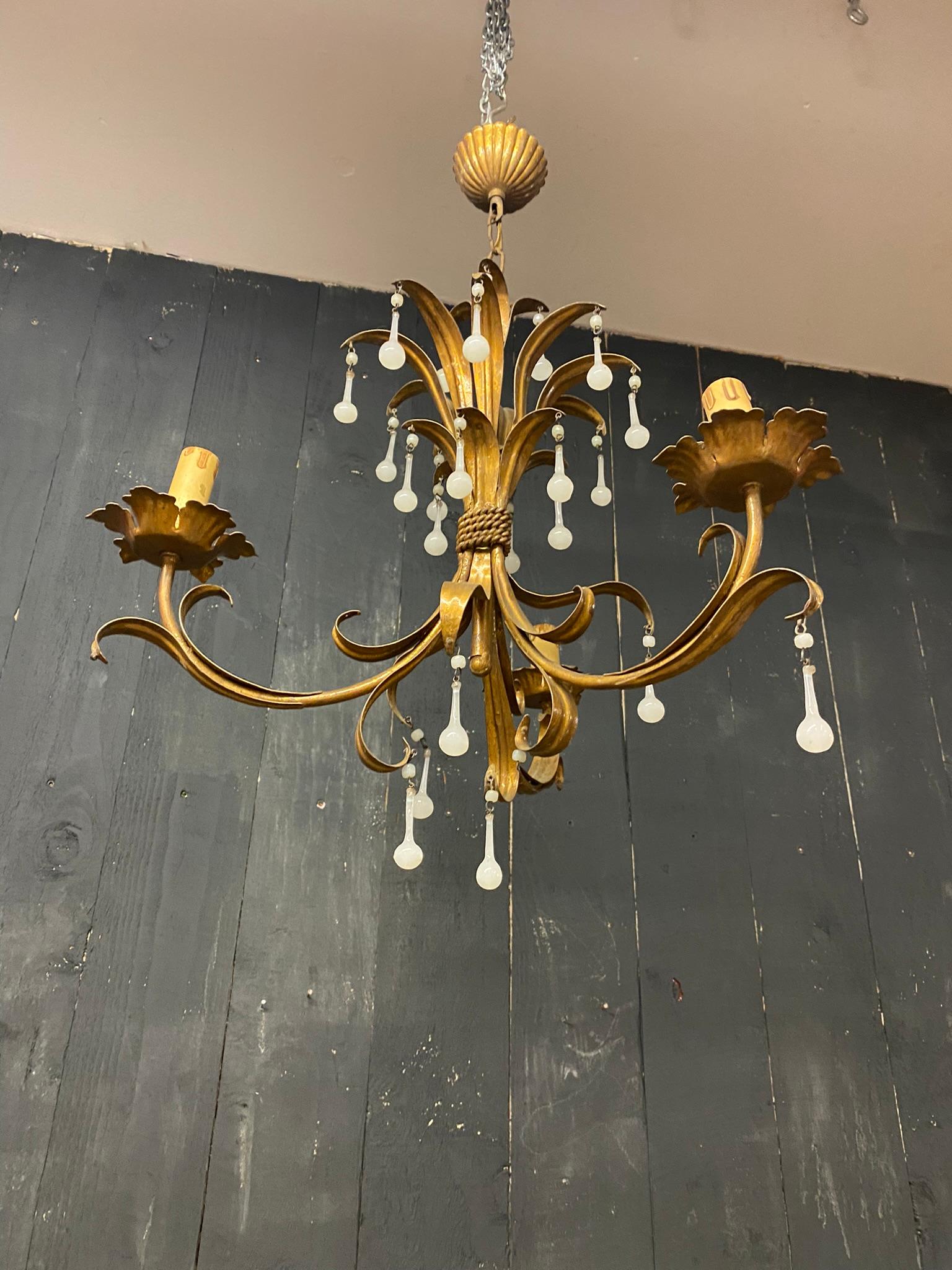Charming Chandelier in Gilded Iron, Opaline Pendants, circa 1950 For Sale 2