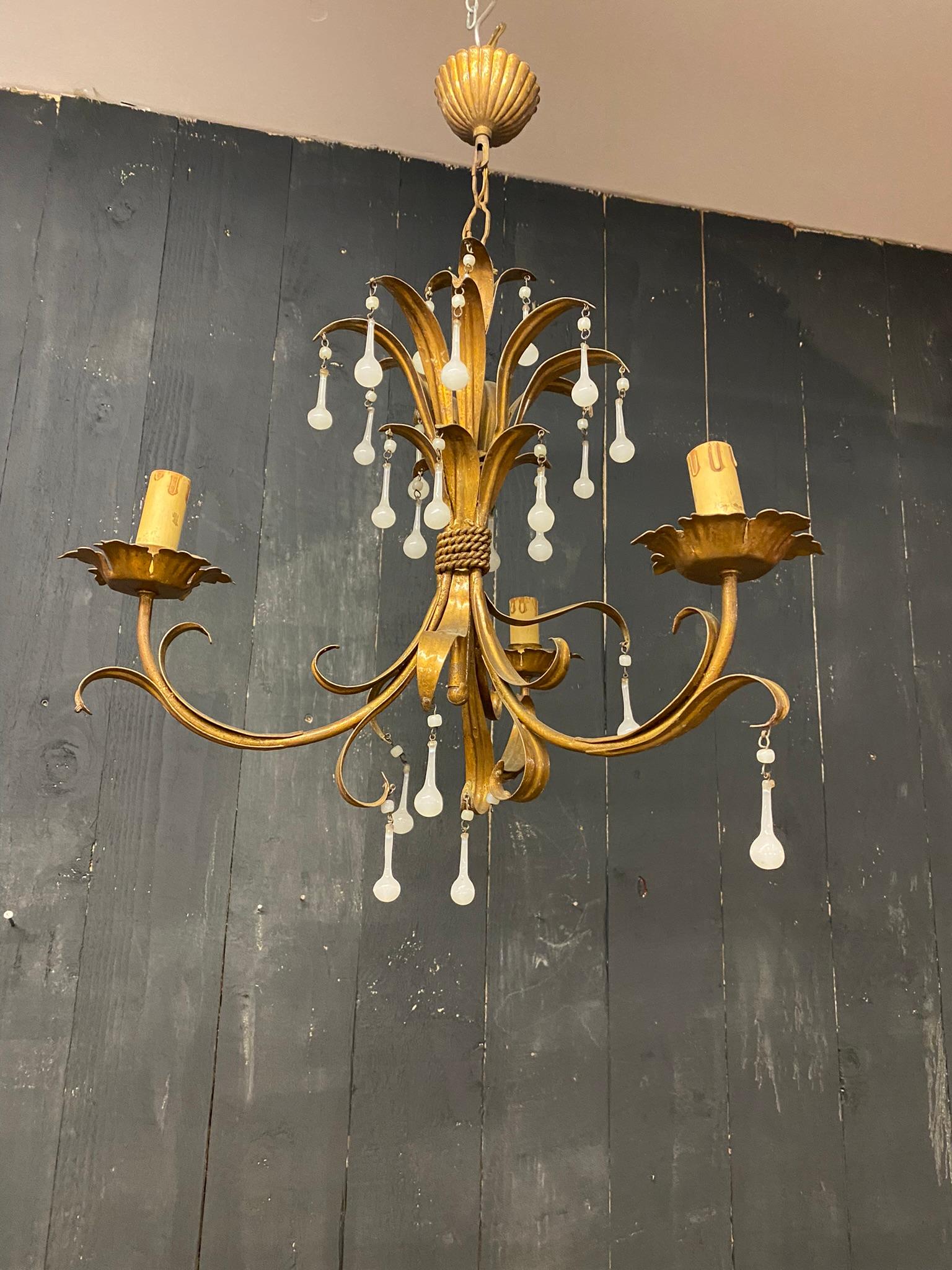 Charming Chandelier in Gilded Iron, Opaline Pendants, circa 1950 For Sale 3