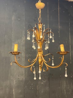 Charming Chandelier in Gilded Iron, Opaline Pendants, circa 1950